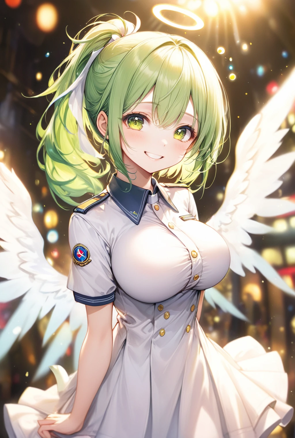 (Highest quality, 8k, 32K, masterpiece, Ultra-high resolution,:1.2),born, One girl,Super cute , Natural light,Clear, shining eyes, 20-year-old ,Fair skin, An innocent smile, Electronic world fantasy background, ,Green Hair Girl, Slanted Eyes, , An innocent smile, Grin, Angel, Angelの輪, Angelの羽根,ponytail, Big Breasts, Large Breasts, Patsun Cut, Uniform hairstyle, Even bangs