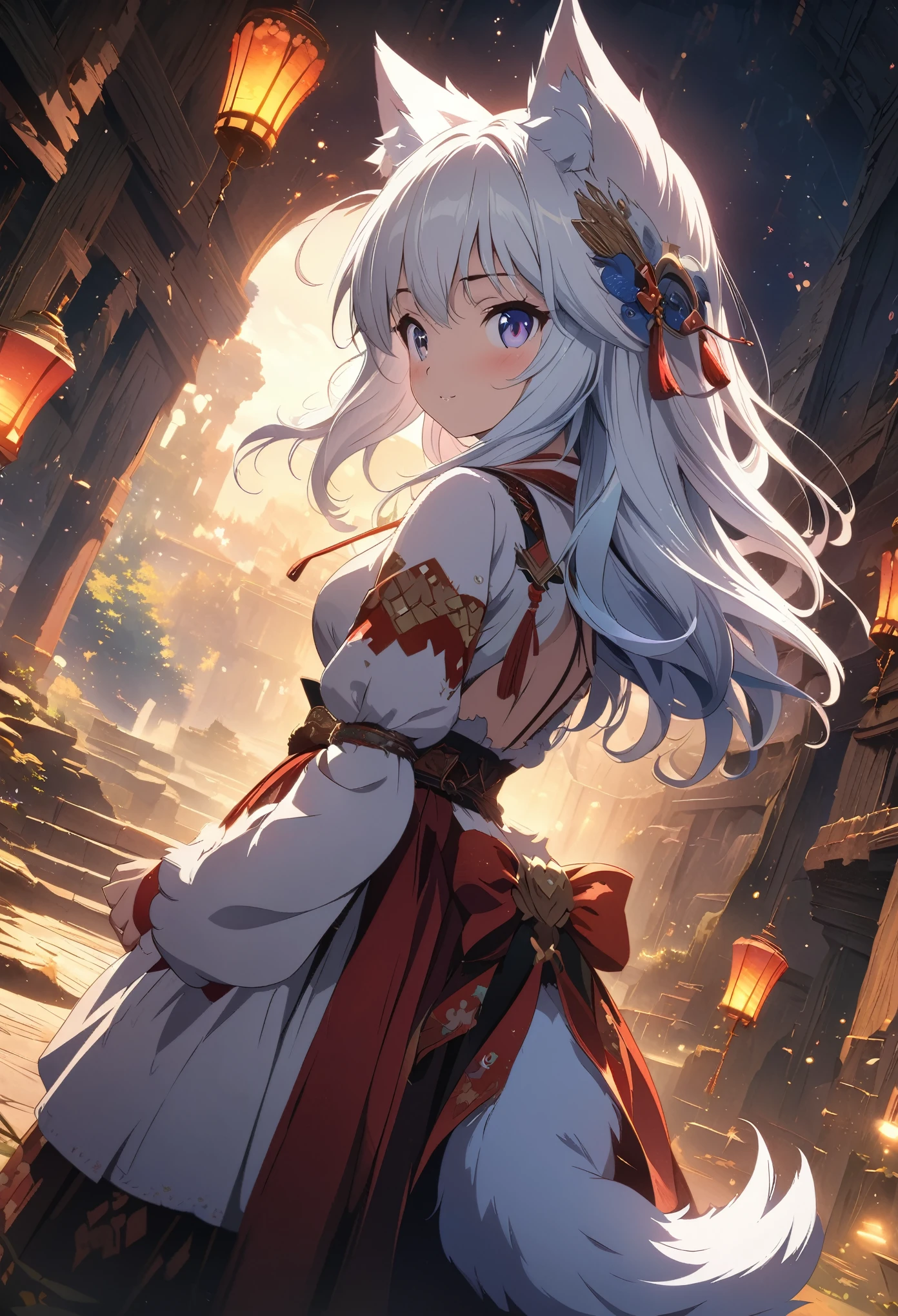 (masterpiece:1.2), (Highest quality:1.2), Ultra-high resolution, Very detailed, Perfect lighting, Wolf Girl, White Hair, National costume, Otherworldly fantasy, Fluffy tail,cute, Dynamic Angle, From the back, Low - Angle,Digital anime art,Anime style illustrations,Anime illustration