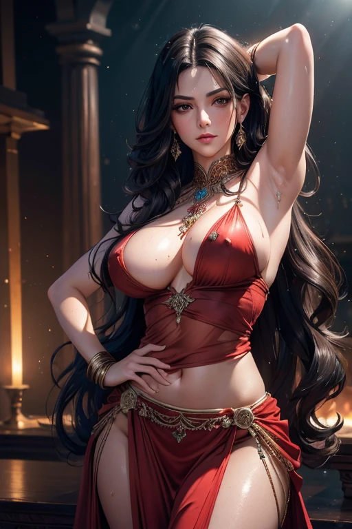 a beautiful hot and sexy Persian princess, fitted red sharara, long wavy black hair, pale skin, entire body covered in glistening sweat, sweat dripping from armpits, large breasts visible, nipples visible, hand on waist, entire body visible, detailed facial features, (best quality,4k,8k,highres,masterpiece:1.2),ultra-detailed,(realistic,photorealistic,photo-realistic:1.37),HDR,UHD,studio lighting,ultra-fine painting,sharp focus,physically-based rendering,extreme detail description,professional,vivid colors,bokeh,portrait