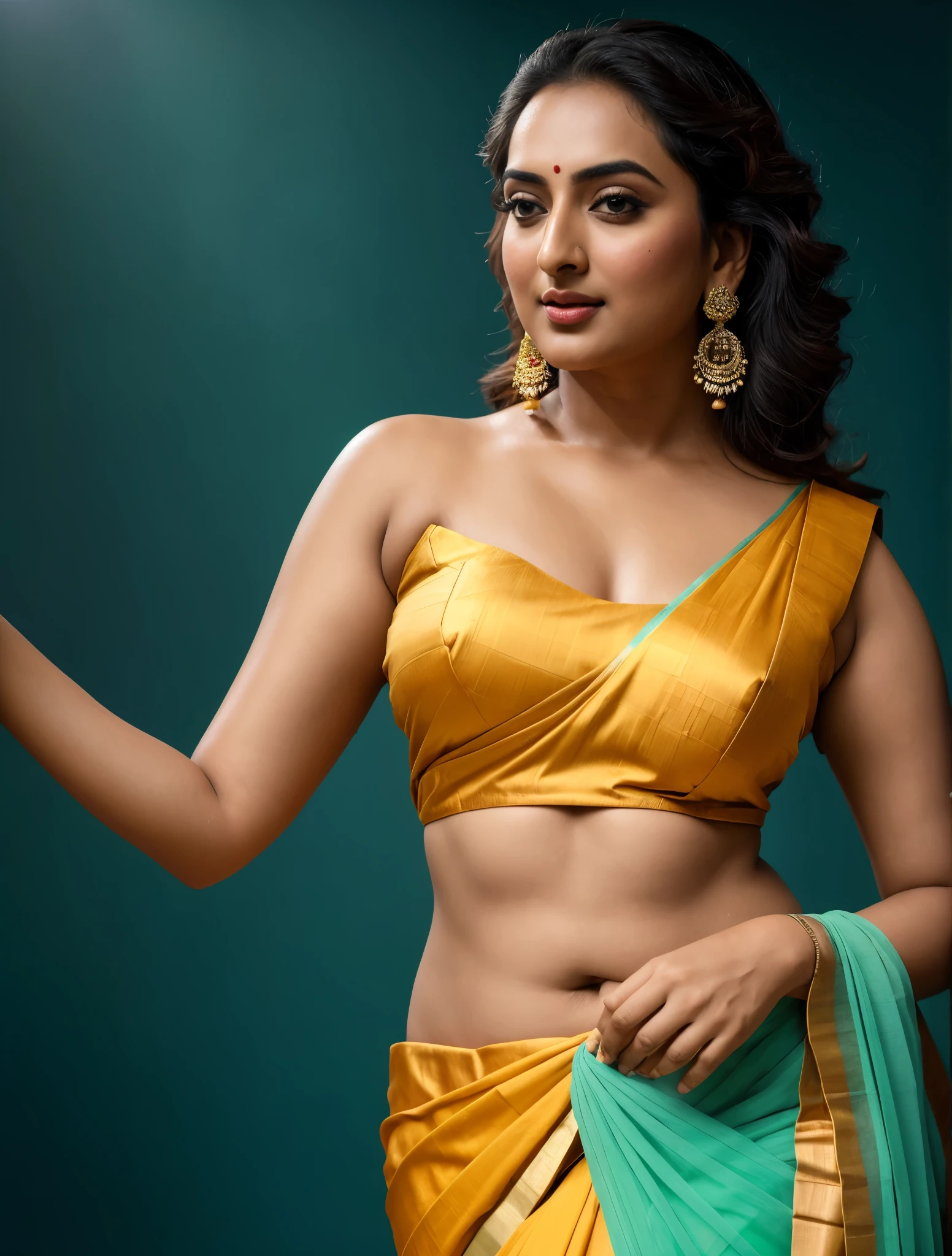 Foto RAW, photorealistic, photography, full body shot, master shot, perfect eyes, goddess like beauty, pierced eyes, perfect thick chubby mallu Desi aunty bhabhi, Wearing a Stanapatta, a chest-band.Saree model, model Photography, Indian saree shoot, Indian traditional wear advertising photography, traditional wear brand shoot, face of Indian actress Sonakshi Sinha, masterpiece, realistic, realism, incredible details,  pleasure, photorealism, detailed skin, skin pores, high contrast, photorealistic Artstation 8k HD digital art trend of high definition and detailed realistic skin texture, ultra detail, realistic skin texture, armature, best quality, ultra high definition, (photorealistic:1.4),, high resolution, detail, raw photo, sweat, Re sharp, by Lee Jefferies Nikon D850 Film Stock Photo 4 Kodak Portra 400 Camera F1.6 Lens Rich Color Ultra Real Realistic Realistic Textures Dramatic Lighting Unreal Engine Trending at Art Station Cinestill 800,(pele altamente detalhada: 1.2), 8k UHD, DSLR, soft-lighting, alta qualidade, grain of film, Fujifilm XT3,she didn't like to wear blouse or bra, she is happy to wear only saree, she hates blouse or bra, detailed hairy armpits, beautiful juicy thick and fleshy belly, curvy, hyper realistic skin, skin pores, sweat, veins, 