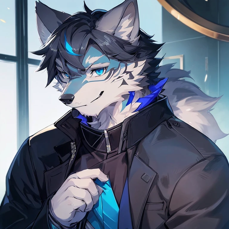 (best quality,ultra-detailed,realistic:1.37),grey wolf in a suit and overcoat,serious expression,gazing at the viewer,anime style,detailed grey wolf,fully grey fur,monochromatic color,grey,serious demeanor, blue eyes
