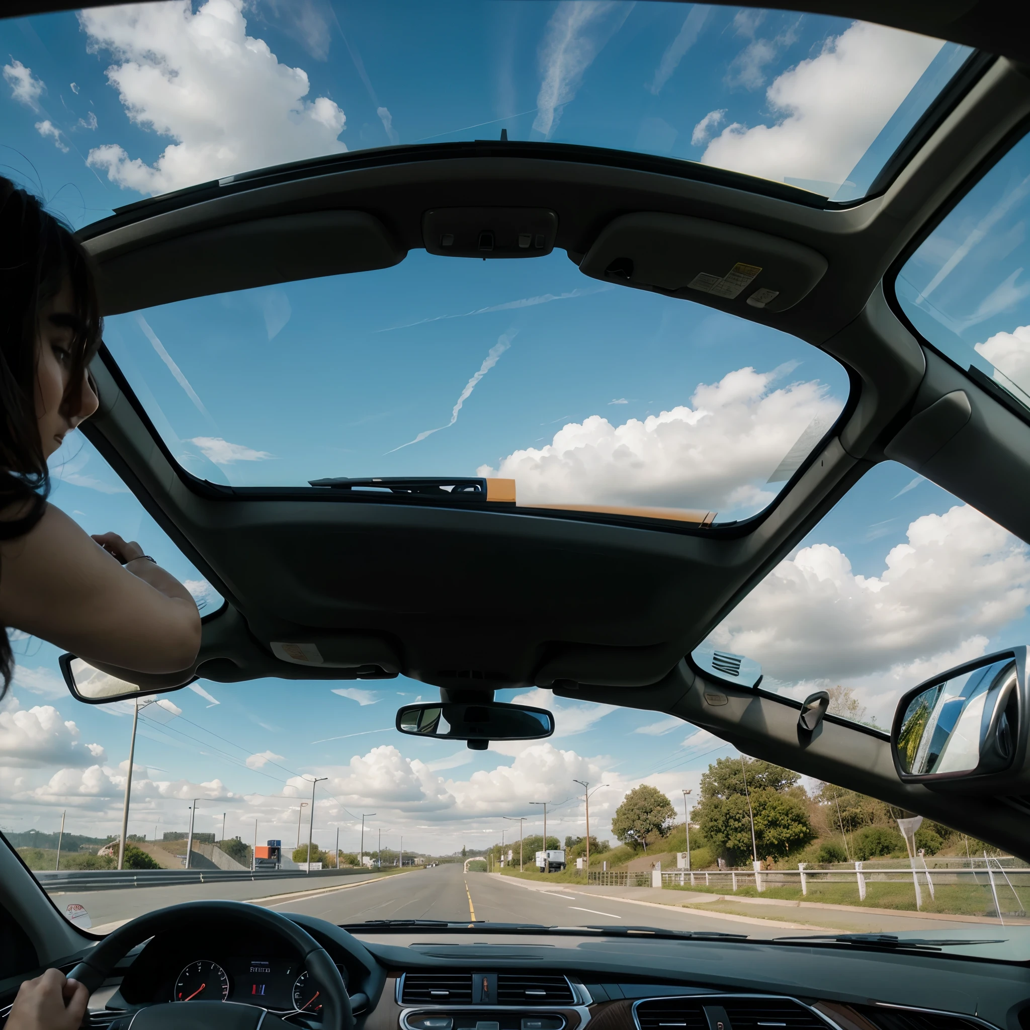 Viewpoint in the car, driving on the toll road with a very beautiful sky in the afternoon