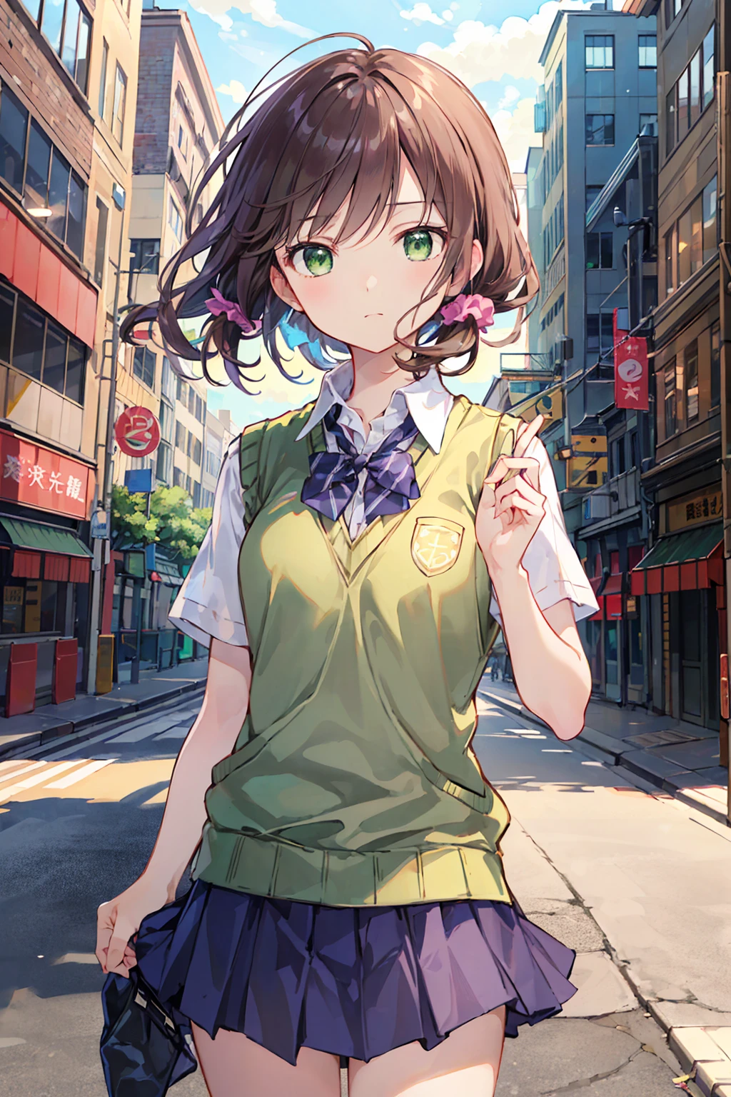 nozomitoujou, Nozomi-san always, (Green Eyes:1.5), Brown Hair, Shortcuts, Scrunchie, 
Destroy , pleated skirt, Short sleeve, skirt, Summer uniform, Sweater vest, white，Sweater vest,
壊す looking at viewer,
Destroy outdoors, City，Destroy a city of buildings (masterpiece:1.2), Highest quality, High resolution, unity 8k wallpaper, (figure:0.8), (Beautiful attention to detail:1.6), Highly detailed face, Perfect lighting, Highly detailed CG, (Perfect hands, Perfect Anatomy),Small breasts，Flat chest