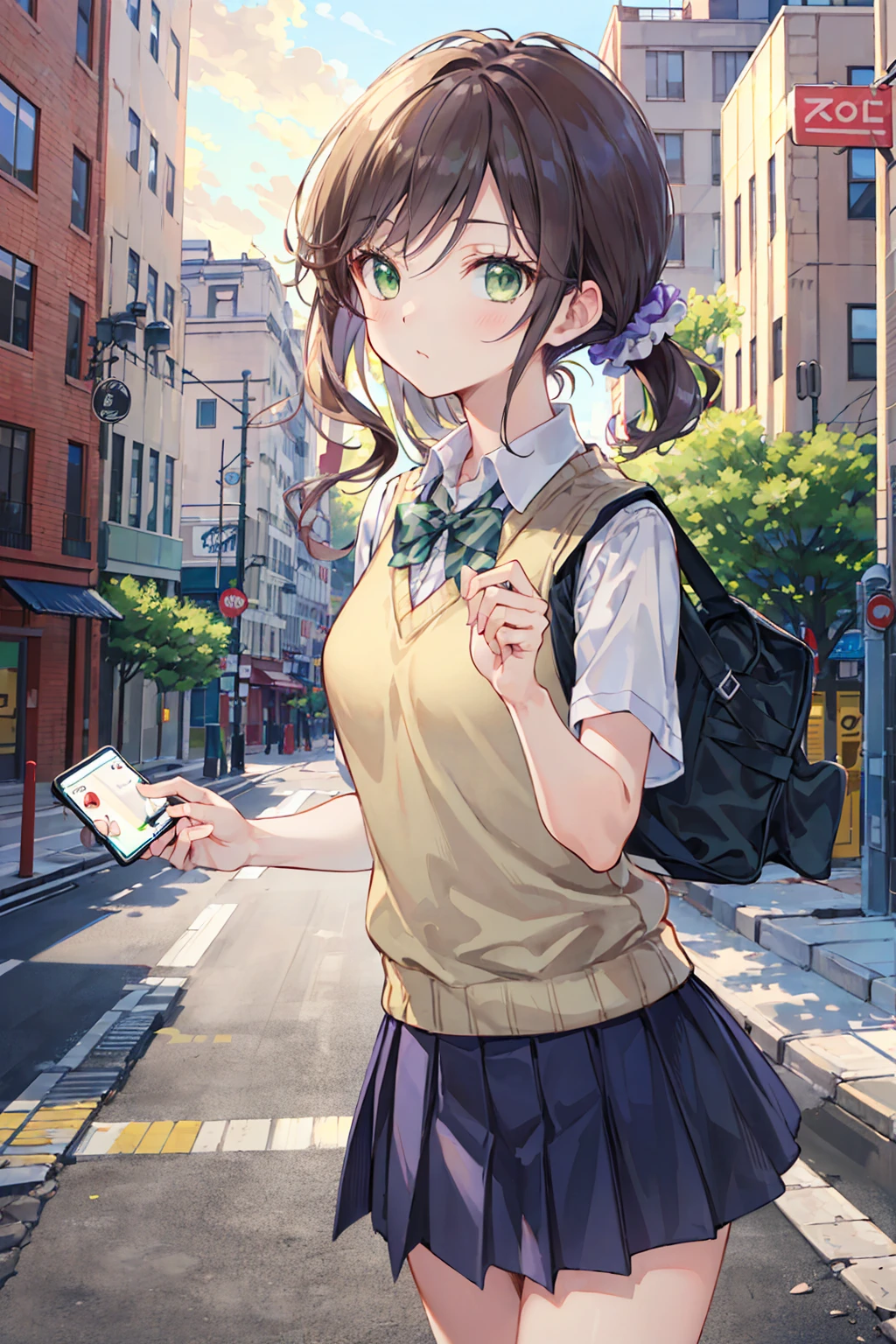 nozomitoujou, Nozomi-san always, (Green Eyes:1.5), Brown Hair, Shortcuts, Scrunchie,
Destroy , pleated skirt, Short sleeve, skirt, Summer uniform, Sweater vest, white,Sweater vest,
壊す looking at viewer,
Destroy outdoors, City,Destroy a city of buildings (masterpiece:1.2), Highest quality, High resolution, unity 8k wallpaper, (figure:0.8), (Beautiful attention to detail:1.6), Highly detailed face, Perfect lighting, Highly detailed CG, (Perfect hands, Perfect Anatomy),Small breasts,Flat chest