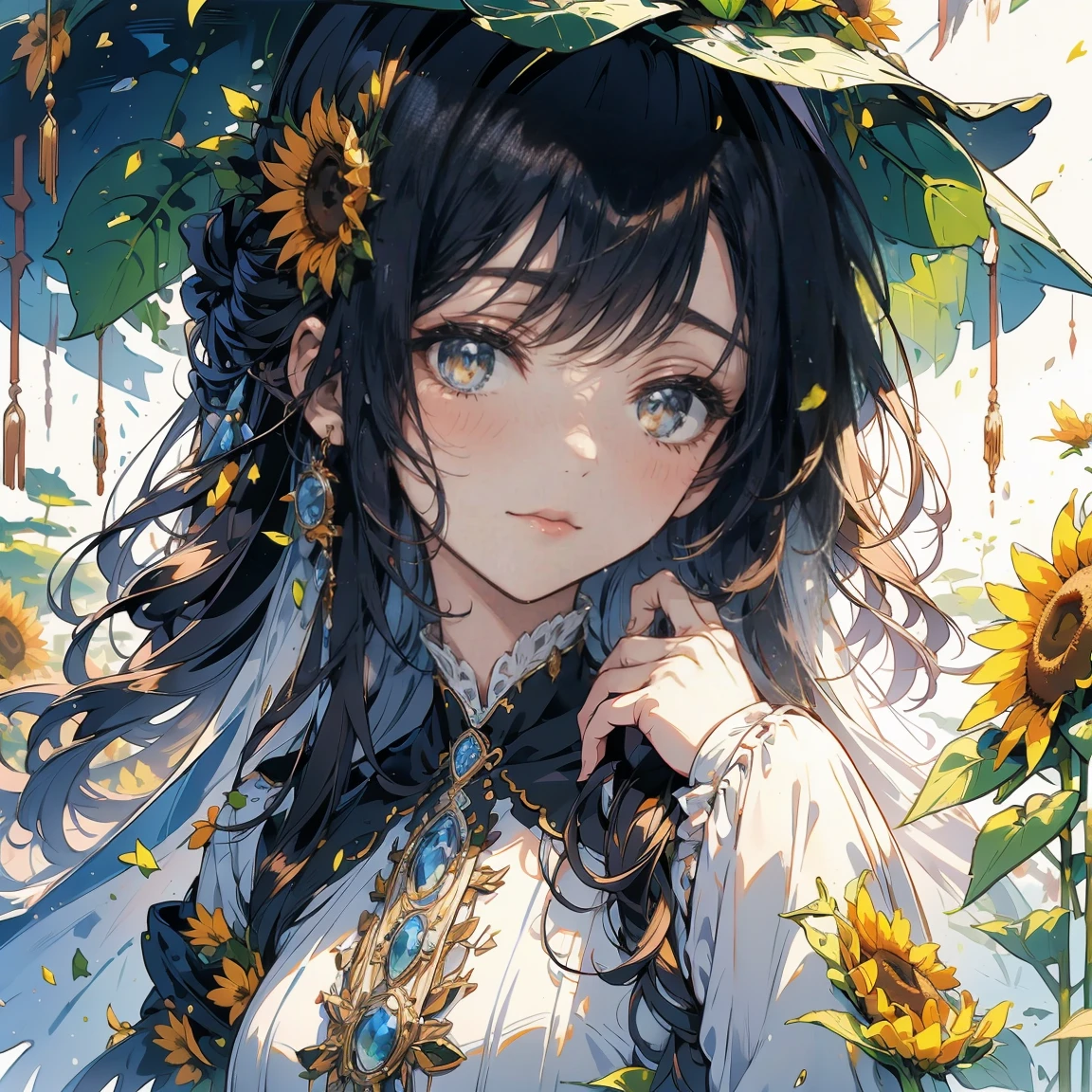 (Exquisite, beautiful, Very detailed, masterpiece, high quality,High resolution),(Well-formed face,Soft thin lines: 1.2,)nun, Underground Shelter、sunflower、detailed background, detailed writing, 4K, uhd, absurdes, ultra quality, masterpiece,