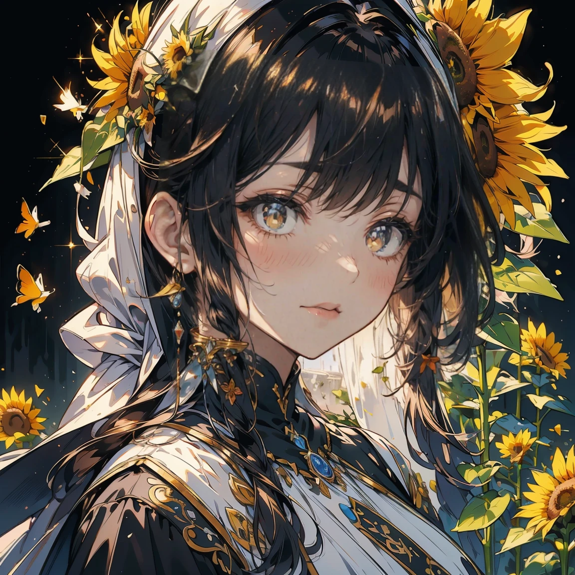 (Exquisite, beautiful, Very detailed, masterpiece, high quality,High resolution),(Well-formed face,Soft thin lines: 1.2,)nun, Underground Shelter、sunflower、detailed background, detailed writing, 4K, uhd, absurdes, ultra quality, masterpiece,