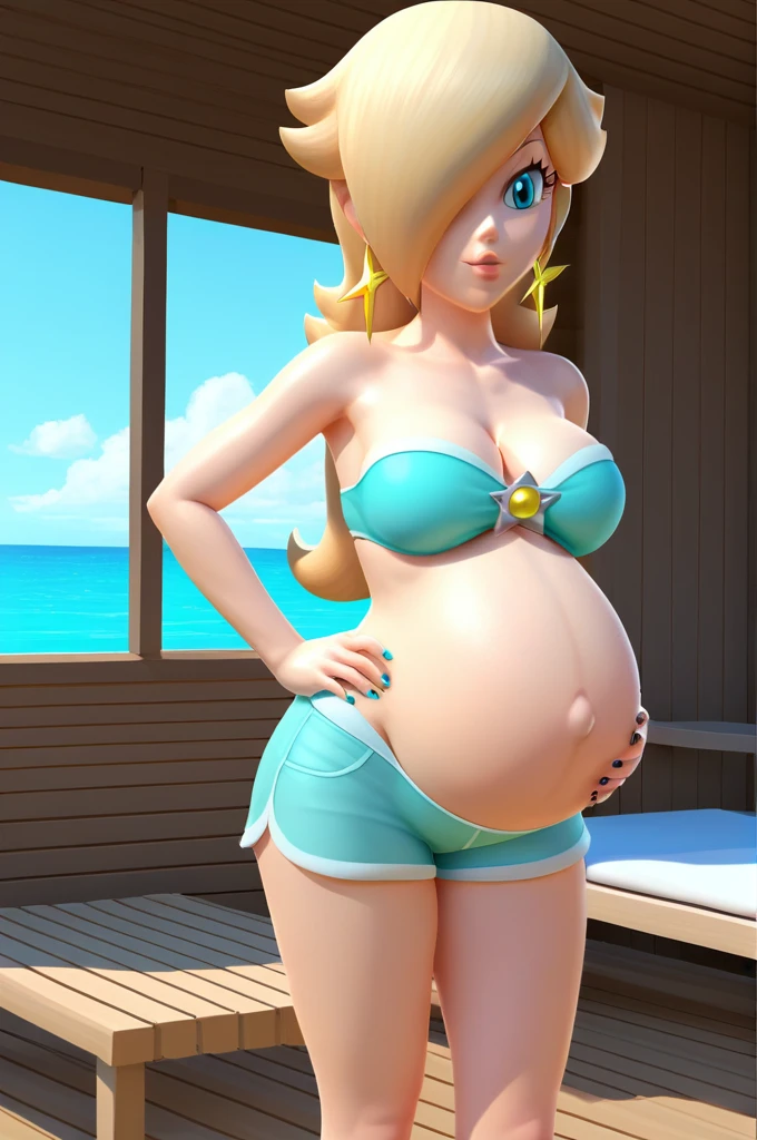 score_9, score_8_up, 1girl, solo, rosalina, style parody, thick outlines, bikini, shorts, pregnant belly, big belly, sleeveless, strapless, cleavage, indoors, beach, black nails, complete body, perfect, blue nails,