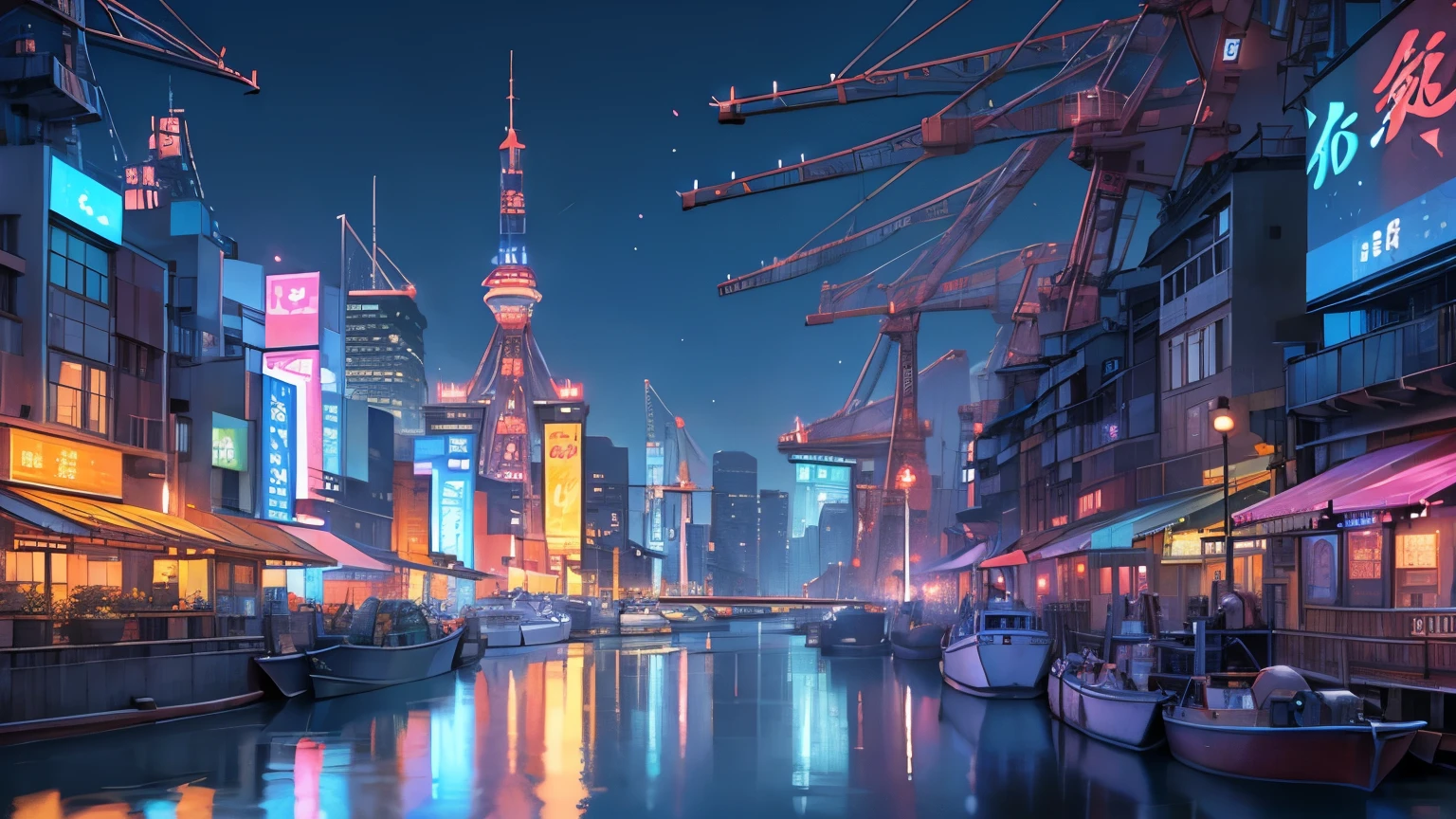 The neon lights are shining々The sparkling harbor square　Huge cranes and、Colorful containers lined up