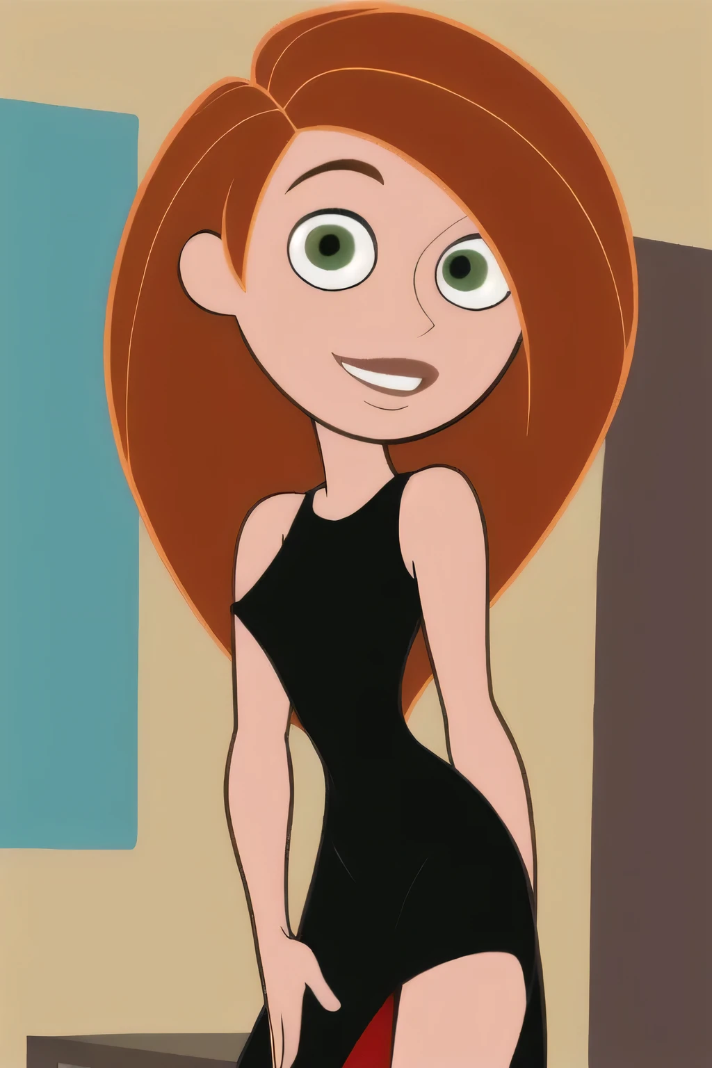 (masterpiece, best quality:1.3), 1girl, looking at viewer, kimberly ann possible, parted lips, upper body, standing, collarbone, bare shoulders, blush, colored skin, orange hair, long hair, absurdly long hair, green eyes, medium breasts, (skindentation:1.2), black dress, loose clothes, sleeveless, smile, thighs, indoor, gym background, closed mouth