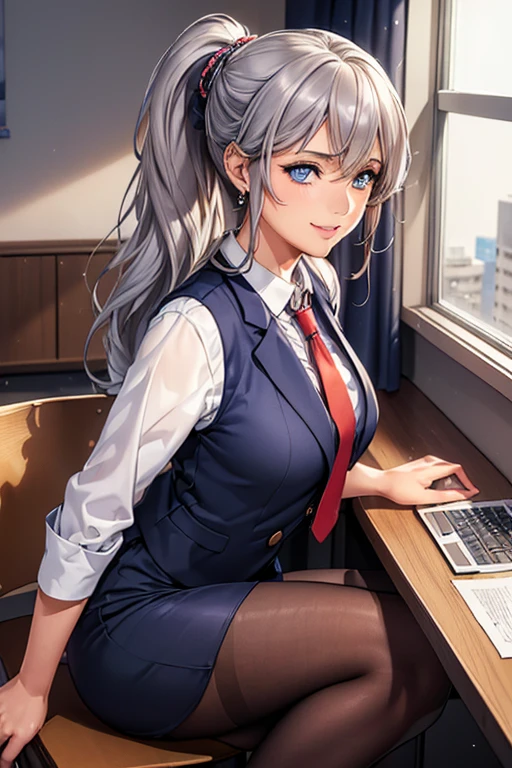 #Basics A girl is posing for a photo, animeのcute女の子,  ((One Girl)), (((:1.6)) + ((cute:1.5)) + ((15 years ak 

#Clothing Accessories 
((Blue Business Suit : White dress shirt + Red tie + Blue suit vest + Blue suit jacket + Black pencil skirt + Low denier black pantyhose), Black high heels), 
((Gold hoop earrings) + (Silver Necklace)),
break 

#Features 
(((Silver Hair)), ((Curly side hair)), ((ponytail) : Long Hair + Fuller Hair + Voluminous Hair + Curly Hair)), 
((Droopy eyes:1.4, Big eyes:1.2), blue eyes), (Small breasts), 
break 

#background environment 
((noon + Sunshine + Beautiful modern office building + conference room + Office building seen from the window)), 
#Facial Expression Pose  
((smile:1.4)), ((Sit at a desk + (Hold your knees with both hands))), 
#composition 
((Face the camera, (Focus from the side), Cowboy Shot)), 
break 

#Body parts elements 
(Slim figure), 
(Detailed Hair, Beautiful Hair, Shiny Hair), 
(double eyelid, Long eyelashes), 
(Expression of fine eyes, Beautiful and delicate eyes, Sparkling eyes, Eye Reflexes, Glitter Eyeliner), 
(Human Ear), 
(Beautiful Nose, Thin Nose), 
(Glossy Lips, Beautiful Lips, Thick lips), (Symmetrical facial features), 
(Detailed skin, Textured skin, Beautiful Skin, Oily skin), 
break 

#Quality Image Quality Common 
(((Highest quality)), ((masterpiece)), ((Very detailed))), ((Ultra-high resolution)), ((16K, 1080P)), ((Full HD)), 
(Anatomically correct), (Realistic), (3DCG), (oil), (Detailed cloth texture), 
#High quality images and illustrations 
((comics, anime)), CG illustration,
