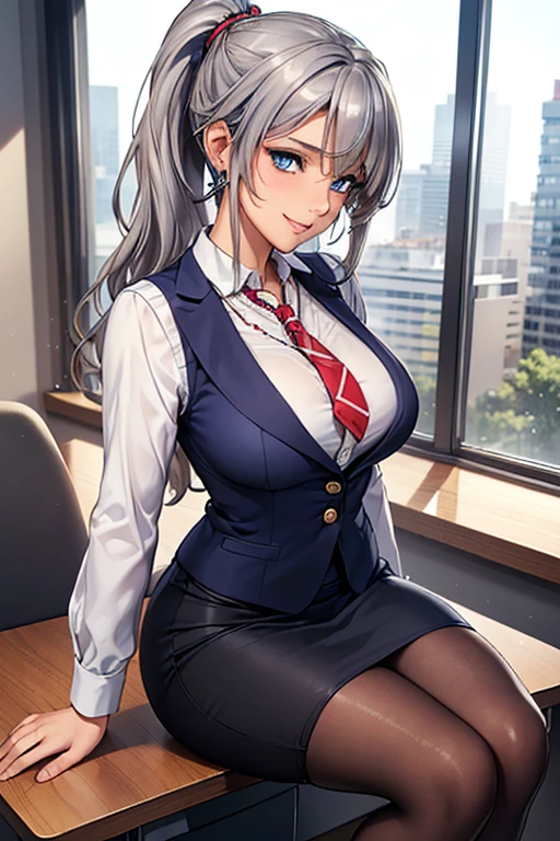 #Basics A girl is posing for a photo, animeのcute女の子, ((One Girl)), (((:1.6)) + ((cute:1.5)) + ((15 years ak
#Clothing Accessories
((Blue Business Suit : White dress shirt + Red tie + Blue suit vest + Blue suit jacket + Black pencil skirt + Low denier black pantyhose), Black high heels),
((Gold hoop earrings) + (Silver Necklace)),
break
#Features
(((Silver Hair)), ((Curly side hair)), ((ponytail) : Long Hair + Fuller Hair + Voluminous Hair + Curly Hair)),
((Droopy eyes:1.4, Big eyes:1.2), blue eyes), (Small breasts),
break
#background environment
((noon + Sunshine + Beautiful modern office building + conference room + Office building seen from the window)),
#Facial Expression Pose
((smile:1.4)), ((Sit at a desk + (Hold your knees with both hands))),
#composition
((Face the camera, (Focus from the side), Cowboy Shot)),
break
#Body parts elements
(Slim figure),
(Detailed Hair, Beautiful Hair, Shiny Hair),
(double eyelid, Long eyelashes),
(Expression of fine eyes, Beautiful and delicate eyes, Sparkling eyes, Eye Reflexes, Glitter Eyeliner),
(Human Ear),
(Beautiful Nose, Thin Nose),
(Glossy Lips, Beautiful Lips, Thick lips), (Symmetrical facial features),
(Detailed skin, Textured skin, Beautiful Skin, Oily skin),
break
#Quality Image Quality Common
(((Highest quality)), ((masterpiece)), ((Very detailed))), ((Ultra-high resolution)), ((16K, 1080P)), ((Full HD)),
(Anatomically correct), (Realistic), (3DCG), (oil), (Detailed cloth texture),
#High quality images and illustrations
((comics, anime)), CG illustration,