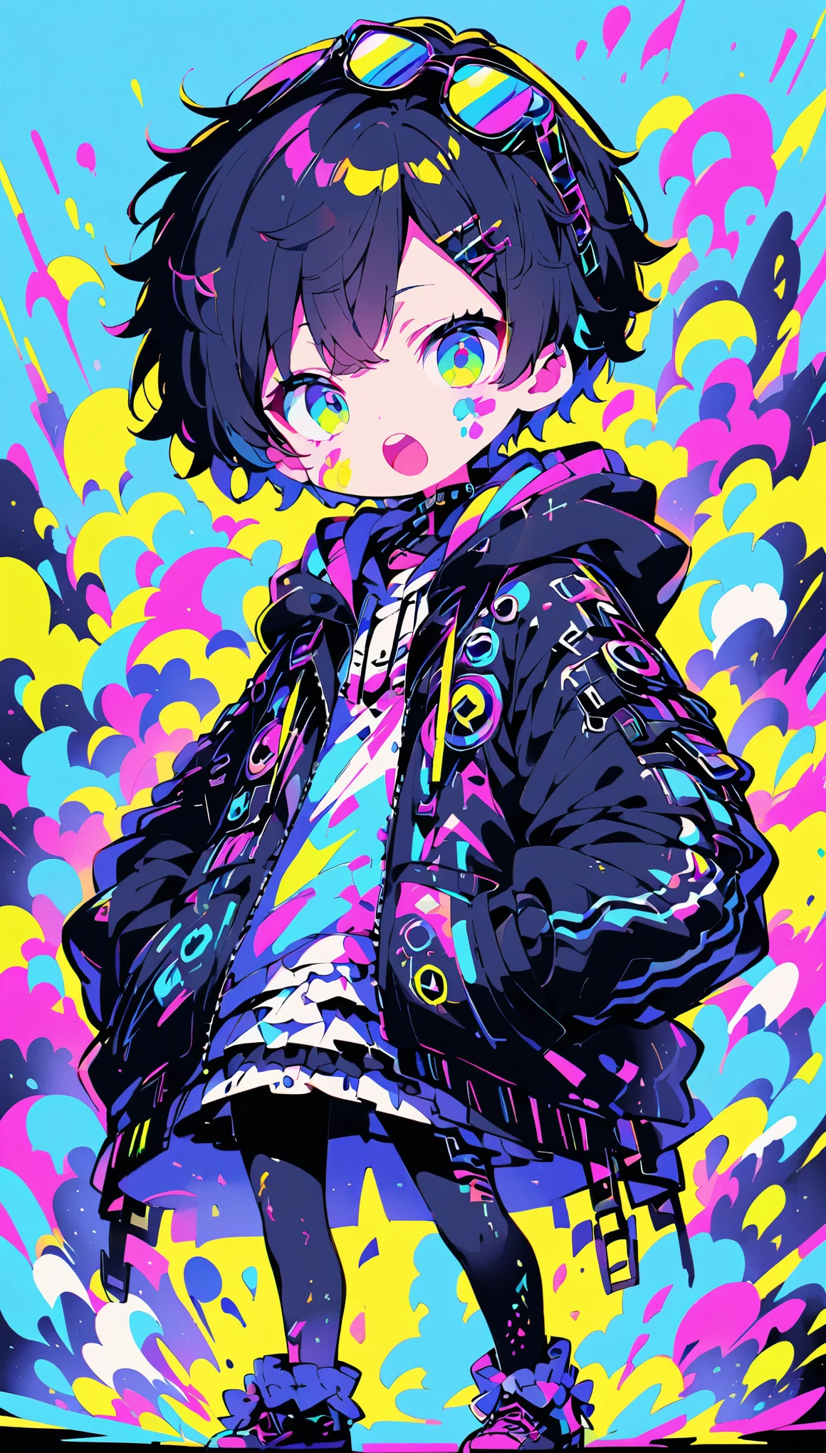 Little,(high quality, 8k, 4K, High Contrast, masterpiece:1.2, 最high quality, Best aesthetics), ((Standing anime girl)), (Lolita,boyish, 13 years old:1.3),expressionless, , Androgynous charm, (Very short hair), ((Black Hair)), Messy Hair, Green Eyes, Sunglasses on the head,cyber punk, Flat Color, Colorful art,hooded jacket, Put your hands in your pockets,(open mouth:1.4),tongue out, Looking at the audience, from front, Colored Background, High Contrast, Contrasting colors,Paint on face