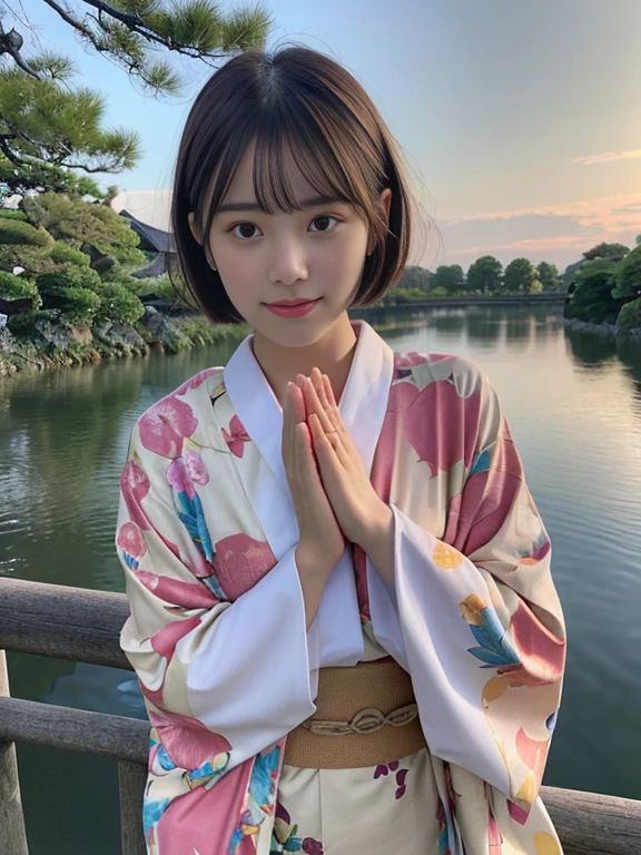 (Dressed in beautiful and colorful kimonos、Close-up portrait of a short-haired woman with blunt bangs:1.5)、(A woman praying with her eyes open by a river in Kyoto:1.5)、(The riverbank of Kawaramachi under the winter sky:1.5)、(Perfect Anatomy:1.3)、(No mask:1.3)、(Full Finger:1.3)、Age 35、Temple、Round、Bandage、Married Woman Style、cute、Realistic、photograph、Tabletop、Highest quality、High resolution, Delicate and beautiful、Perfect Face、Beautiful attention to detail、Fair skin、Real human skin、pores、Sensual((Thin legs))、(Brown Hair)、(zoom)