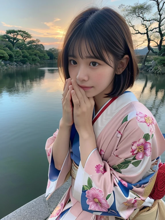 (Dressed in beautiful and colorful kimonos、Close-up portrait of a short-haired woman with blunt bangs:1.5)、(A woman praying with her eyes open by a river in Kyoto:1.5)、(The riverbank of Kawaramachi under the winter sky:1.5)、(Perfect Anatomy:1.3)、(No mask:1.3)、(Full Finger:1.3)、Age 35、Temple、Round、Bandage、Married Woman Style、cute、Realistic、photograph、Tabletop、Highest quality、High resolution, Delicate and beautiful、Perfect Face、Beautiful attention to detail、Fair skin、Real human skin、pores、Sensual((Thin legs))、(Brown Hair)、(zoom)