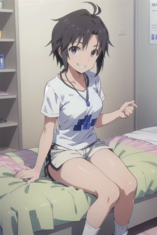 (((pixel-perfect, detail-perfect))), solo, 1girl, makoto kikuchi, breasts, smile, necklace, shorts sleeves, shirt white, shorts white, socks white, bedroom, grin, mic