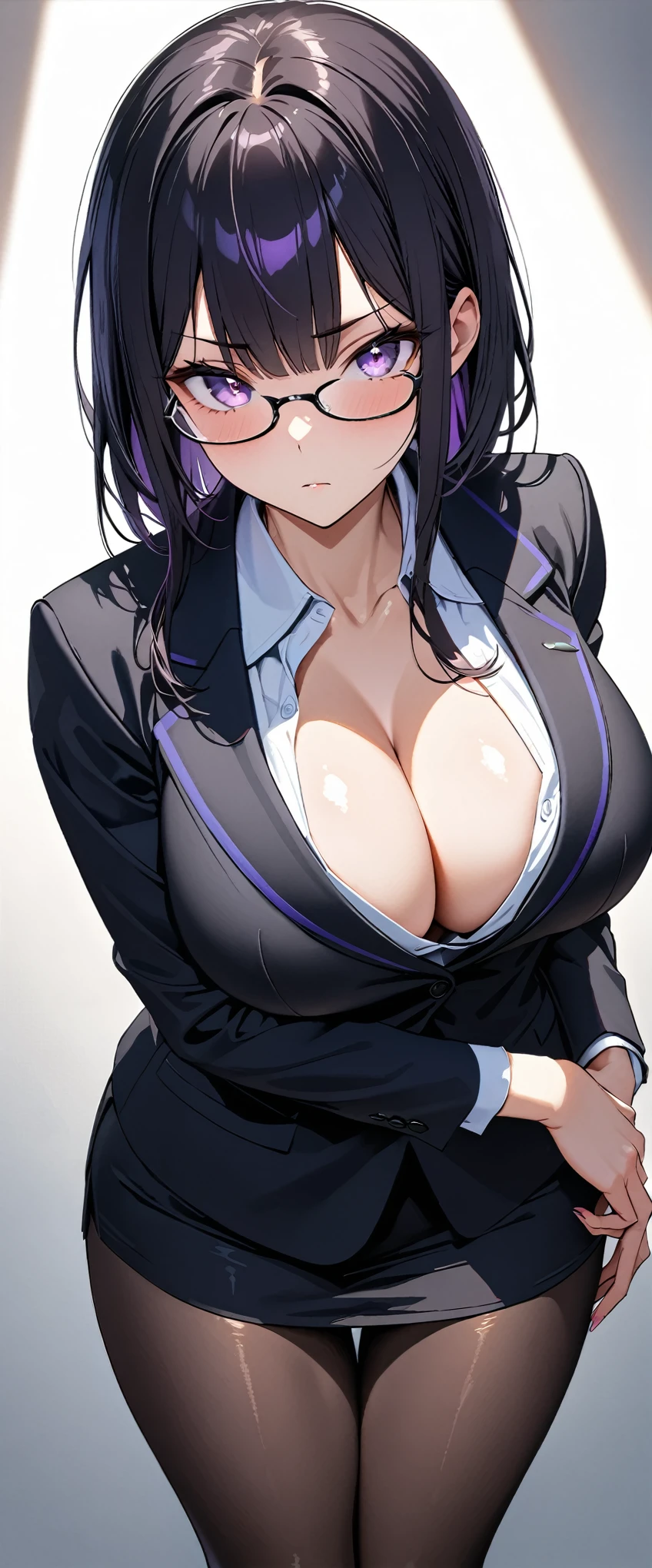 (Highest quality),(masterpiece), 8k,Very detailed, Detailed light, Best Shadow,Detailed reflective eyes, Very detailedな顔,Shiny Hair,Big Breasts,charm,One person,woman,Gloss,Black Hair,Expressionless,Hollow Eyes,Condescending,Beautiful fingers,Beautiful Hands,whole body,Black Suit,black tights,Black-rimmed glasses,OL,office lady,Purple eyes,thick eyebrows,Cool,Open chest,Too eyebrows,Glossの無い目,