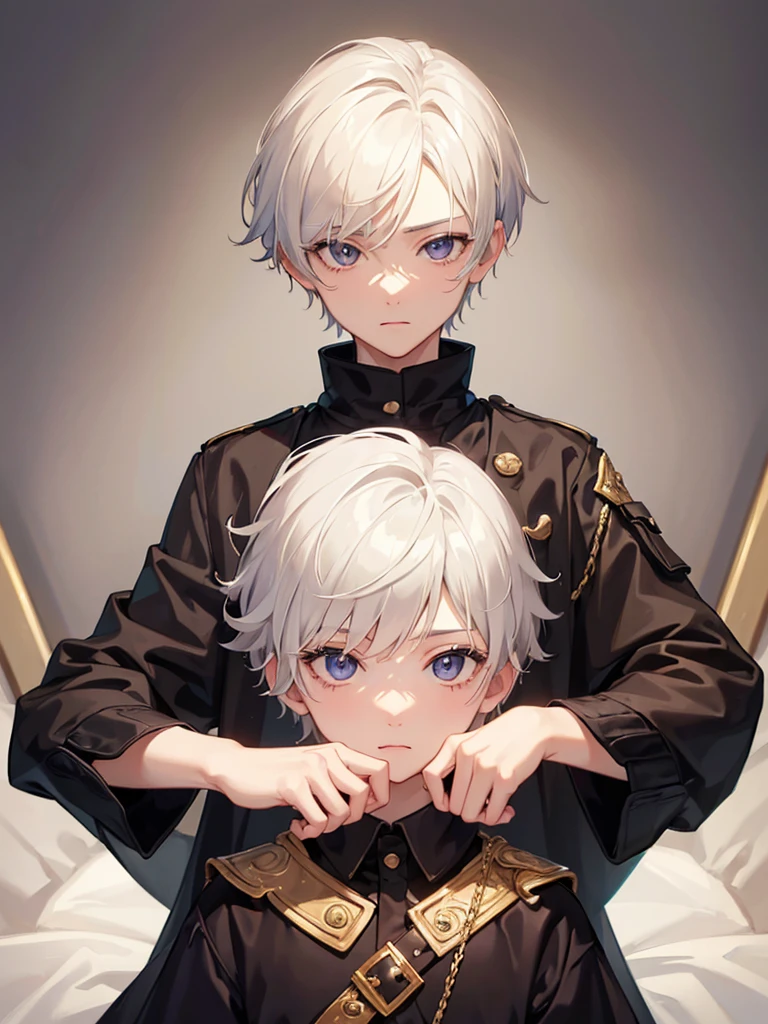 1boy, short white hair, brown eyes, detailed eyes, detailed face, bedroom background, high res, ((masterpiece))