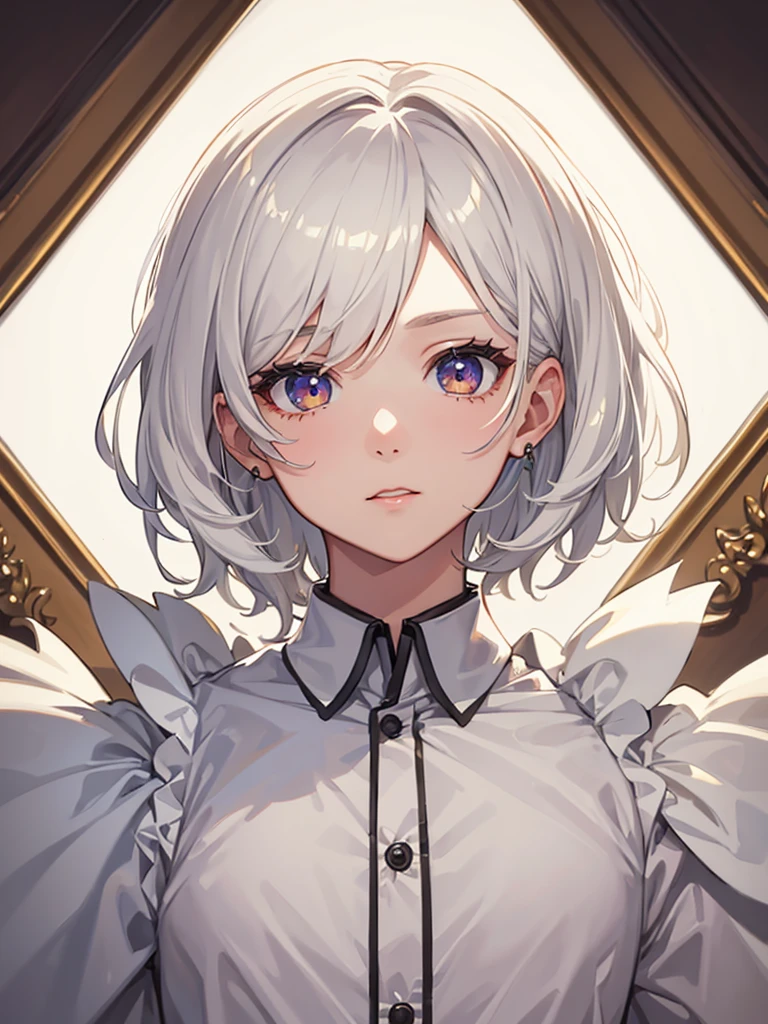 1boy, short white hair, brown eyes, detailed eyes, detailed face, bedroom background, high res, ((masterpiece))