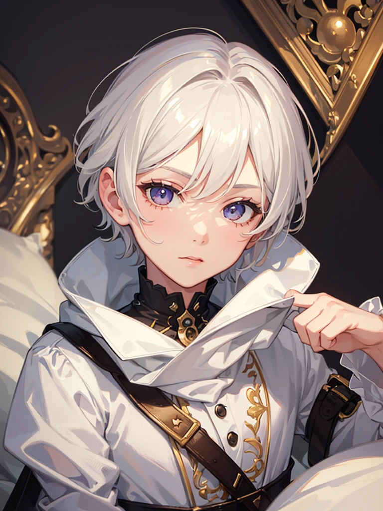 1boy, short white hair, brown eyes, detailed eyes, detailed face, bedroom background, high res, ((masterpiece))