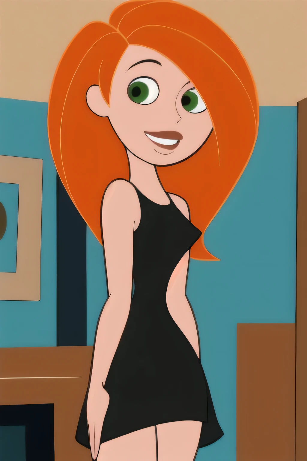(masterpiece, best quality:1.3), 1girl, looking at viewer, kimberly ann possible, parted lips, upper body, standing, collarbone, bare shoulders, blush, colored skin, orange hair, long hair, absurdly long hair, green eyes, medium breasts, (skindentation:1.2), black dress, loose clothes, sleeveless, smile, thighs, indoor, gym background
