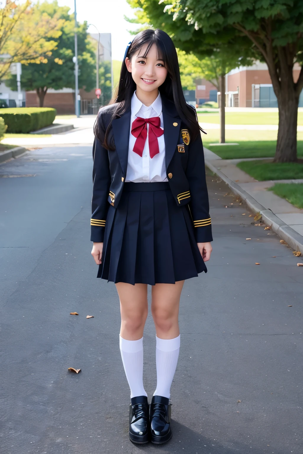A high school girl standing in an empty schoolyard、Cute face like an idol、Long black hair、Uniform summer uniform、miling、Full body portrait