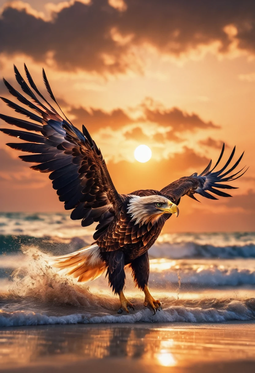 a powerful eagle standing tall, jumping, making a number one hand sign on a beach, dramatic lighting, cinematic, hyperrealistic, 8k, highly detailed, photorealistic, lush tropical environment, vivid colors, dramatic lighting, motion blur, muscular bird, powerful wings spread, intense gaze, intricate feather details, sun rays, ocean waves, sandy beach, dynamic action pose