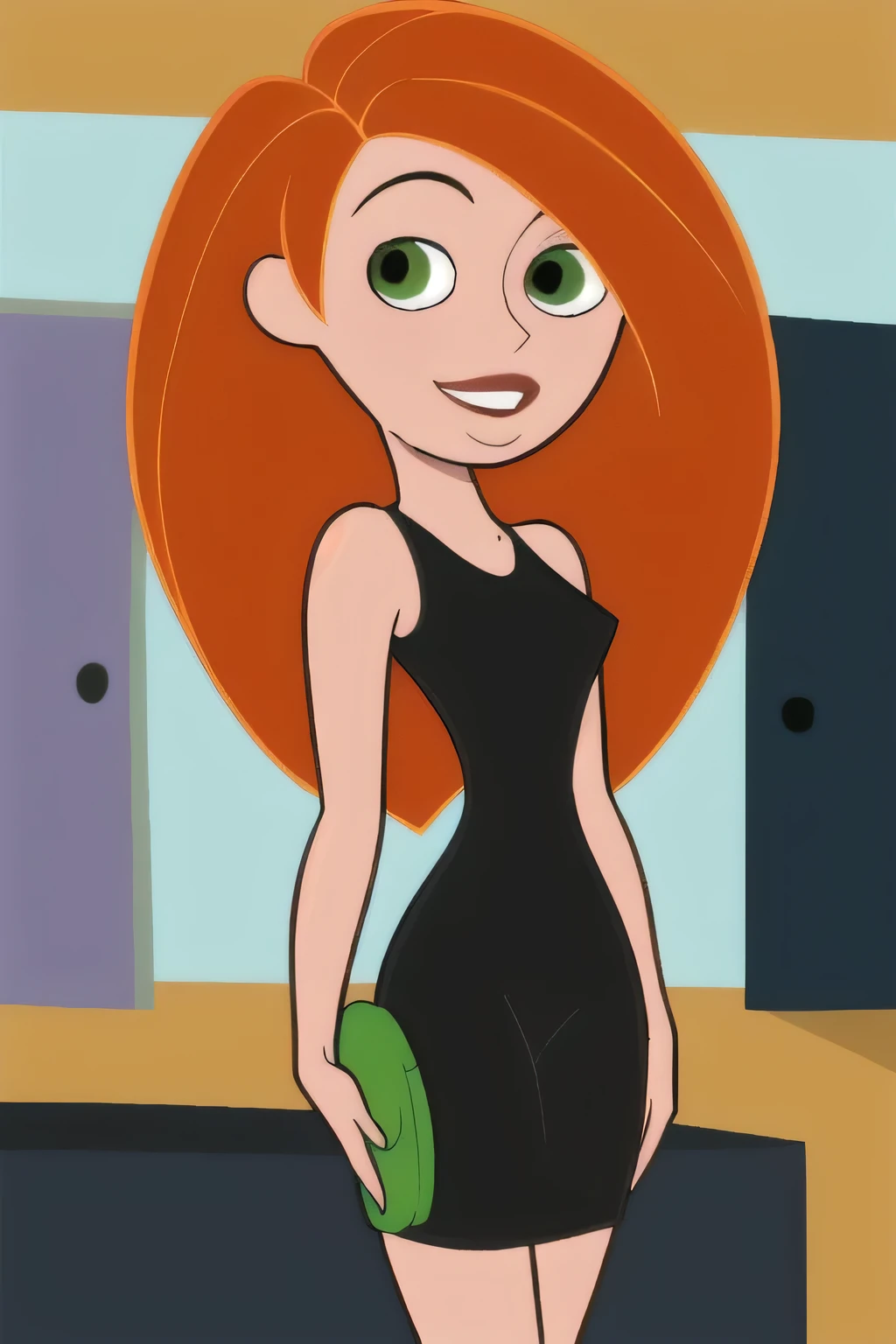 (masterpiece, best quality:1.3), 1girl, looking at viewer, kimberly ann possible, parted lips, upper body, standing, collarbone, bare shoulders, blush, colored skin, orange hair, long hair, absurdly long hair, green eyes, medium breasts, (skindentation:1.2), black dress, loose clothes, sleeveless, smile, thighs, indoor, gym background