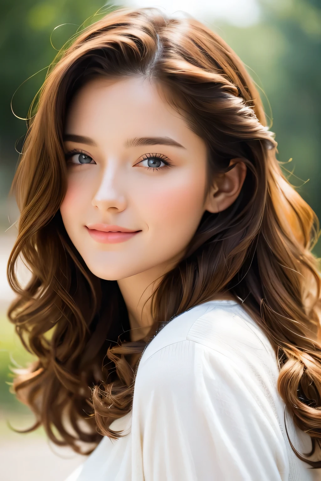 A German girl, 18 years old, poses waist-up in an ultra-realistic digital art piece by Razumov and Volegov. She gazes off-camera with a soft, natural light illuminating her rosy cheeks and v-shaped face. Her smooth skin is adorned with long, ginger hair styled in a bang, framing her detailed features. The focus is on her fantastic face, showcasing her bright smile and sparkling eyes. The background is a subtle watercolor blend, reminiscent of Cameron Gray's art style. The image is rendered at 8k resolution, blending the boundaries between digital and traditional mediums.