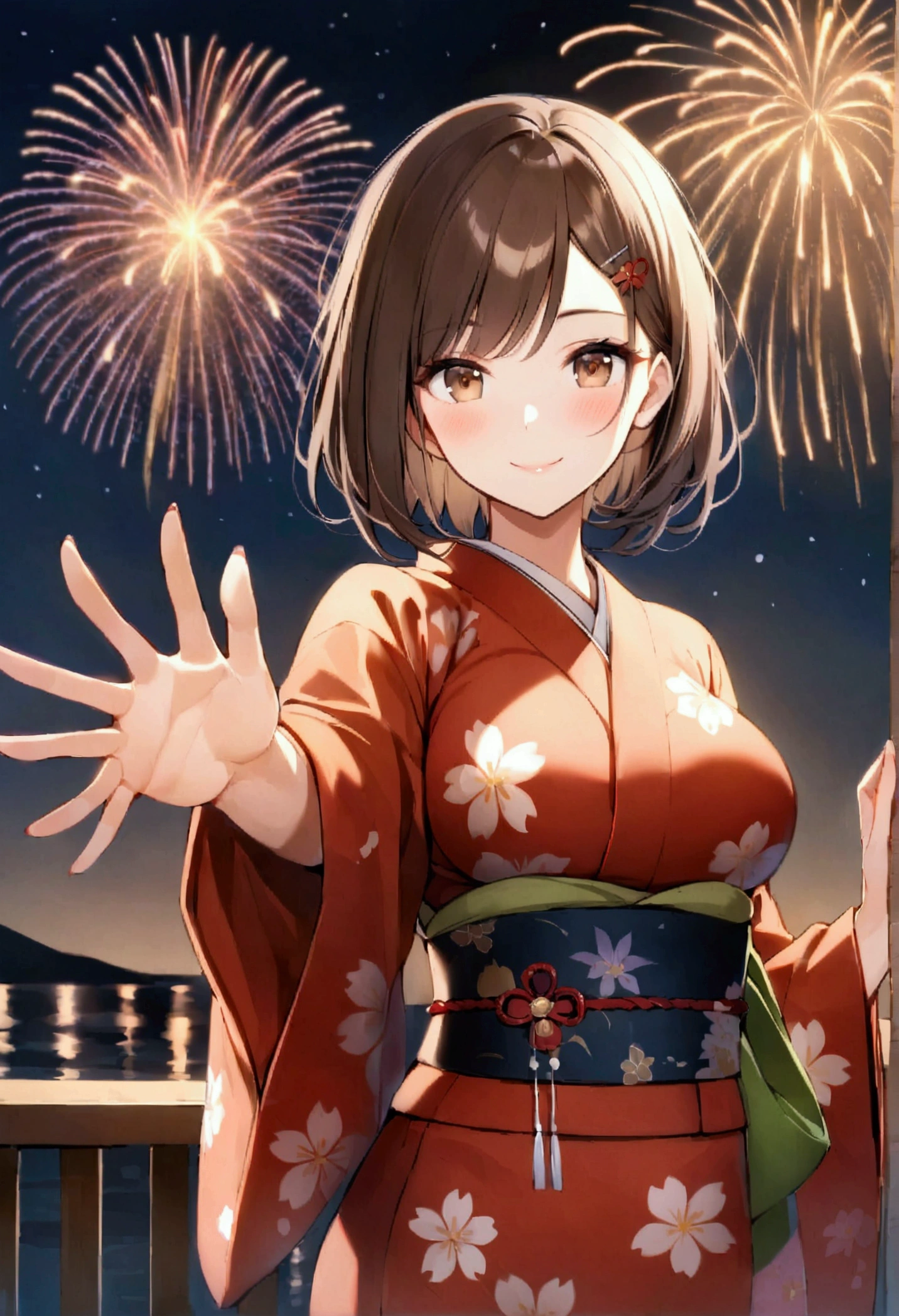 slender, mature female, fireworks, rating:safe, japanese_clothes, kimono, 1girl, brown_hair, smile, brown_eyes, hairclip, hair_ornament,night, looking_at_viewer, sash, obi, outstretched_hand, floral_print, breasts, water, bangs, yukata, solo, wide_sleeves, outdoors, large_breasts,blush, sky, , night_sky, railing, eyebrows_visible_through_hair, long_sleeves, closed_mouth, outstretched_arm, holding, short_hair, aerial_fireworks, long_hair, standing