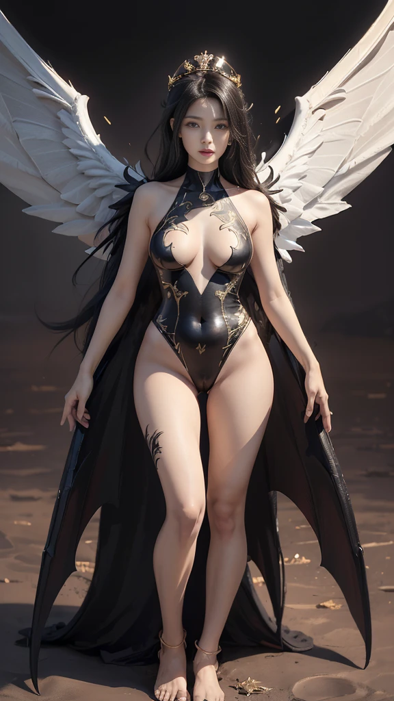 (Realistic picture, highest resolution, 16ก), (A demon god with wide wings and enormous power on his shoulders..., Twelve wings on the shoulders., black bat wings:1.3 white angel wings:1.5), 6 angel wings, 6 devil wings, (Beautiful girl with two meter long hair, shiny black hairงาม, Smooth white skin, Lips are very red.), ((stand, already)), (big breasts, หัวBig tits), (gigantic breast, breast augmentation, Breast 400 cc., small waist, hips raised, small thighs, Long legs), (dynamic poses), (black and white leotard, There are beautiful patterns., Decorated with gold embroidery., Show off your chest), Separate theme, (Angel wings and devil wings), floating in the air above the groundดิน, background darkness, Embraced with twelve wings, wearing a large king crown, crown shining bright, wears little armor, There is power coming out of the body., sparkling wings, white light black light, amazing wings, The character is on the right side of the picture., Large wings, Slightly tilted to the side, beautiful gesture, Angel wings and devil wings, (Realistic picture, highest resolution, 16K), (A demon god with wide wings and enormous power on his shoulders.., Twelve wings on the shoulders., black bat wings:1.3 white angel wings:1.5), Have wings 100 Have wings 1000, Angel wings and bat wings, wings inserted between wings, 12 wings, 6 angel wings, 6 bat wings, (Beautiful girl with two meter long hair, shiny black hair, Smooth white skin, Lips are very red.), very long hair, ((stand, toe)), (big breastsโต, หัวBig tits), (gigantic breast, small waist, hips raised, small thighs, Long legs), (dynamic poses), (Porn, no clothes, Look at that pussy.., see nipples, naked, undressed, nakedโดยสิ้นเชิง, Can see pussy, The chest is visible.), Separate theme, (Angel Wings and Demon Lord Wings), floating in the air above the ground, background darkness, Embraced with twelve wings, wearing a large crown, large black crown, The most busty breasts, Big tits, universe backdrop