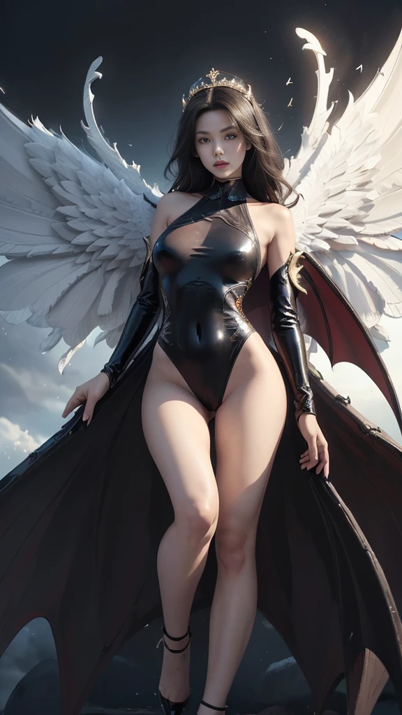 (Realistic picture, highest resolution, 16ก), (A demon god with wide wings and enormous power on his shoulders..., Twelve wings on the shoulders., black bat wings:1.3 white angel wings:1.5), 6 angel wings, 6 devil wings, (Beautiful girl with two meter long hair, shiny black hairงาม, Smooth white skin, Lips are very red.), ((stand, already)), (big breasts, หัวBig tits), (gigantic breast, breast augmentation, Breast 400 cc., small waist, hips raised, small thighs, Long legs), (dynamic poses), (black and white leotard, There are beautiful patterns., Decorated with gold embroidery., Show off your chest), Separate theme, (Angel wings and devil wings), floating in the air above the groundดิน, background darkness, Embraced with twelve wings, wearing a large king crown, crown shining bright, wears little armor, There is power coming out of the body., sparkling wings, white light black light, amazing wings, The character is on the right side of the picture., Large wings, Slightly tilted to the side, beautiful gesture, Angel wings and devil wings, (Realistic picture, highest resolution, 16K), (A demon god with wide wings and enormous power on his shoulders.., Twelve wings on the shoulders., black bat wings:1.3 white angel wings:1.5), Have wings 100 Have wings 1000, Angel wings and bat wings, wings inserted between wings, 12 wings, 6 angel wings, 6 bat wings, (Beautiful girl with two meter long hair, shiny black hair, Smooth white skin, Lips are very red.), very long hair, ((stand, toe)), (big breastsโต, หัวBig tits), (gigantic breast, small waist, hips raised, small thighs, Long legs), (dynamic poses), (Porn, no clothes, Look at that pussy.., see nipples, naked, undressed, nakedโดยสิ้นเชิง, Can see pussy, The chest is visible.), Separate theme, (Angel Wings and Demon Lord Wings), floating in the air above the ground, background darkness, Embraced with twelve wings, wearing a large crown, large black crown, The most busty breasts, Big tits, universe backdrop