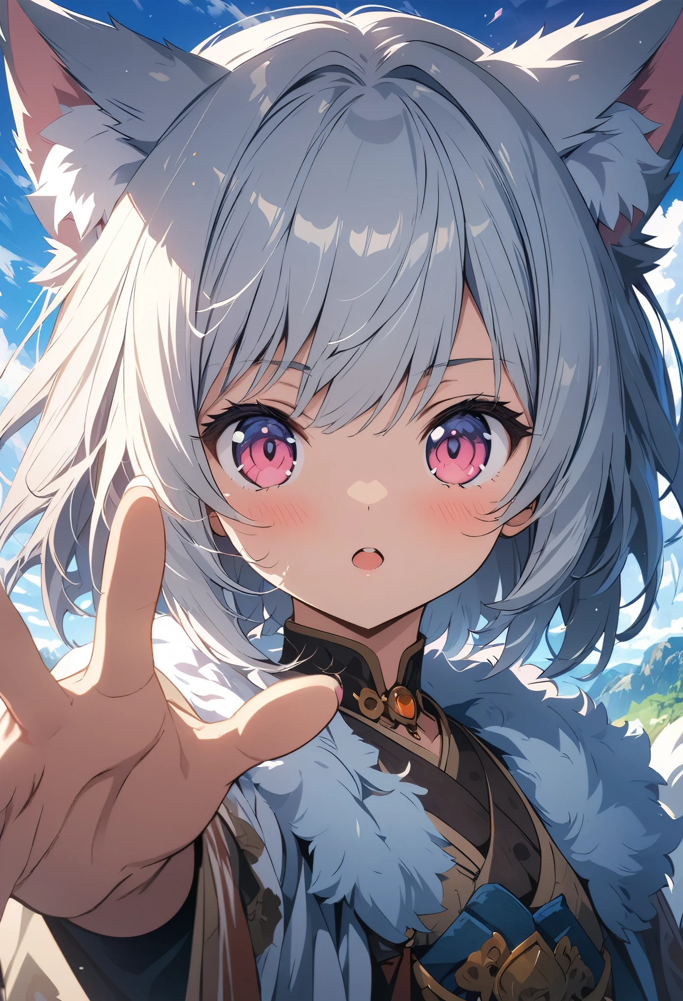 (masterpiece:1.2), (Highest quality:1.2), Ultra-high resolution, Very detailed, Perfect lighting, Wolf Girl, White Hair, National costume, Otherworldly fantasy, Fluffy tail,cute, Reaching out to the viewer, from the front, Cracked screen,Digital anime art,Anime style illustrations,Anime illustration