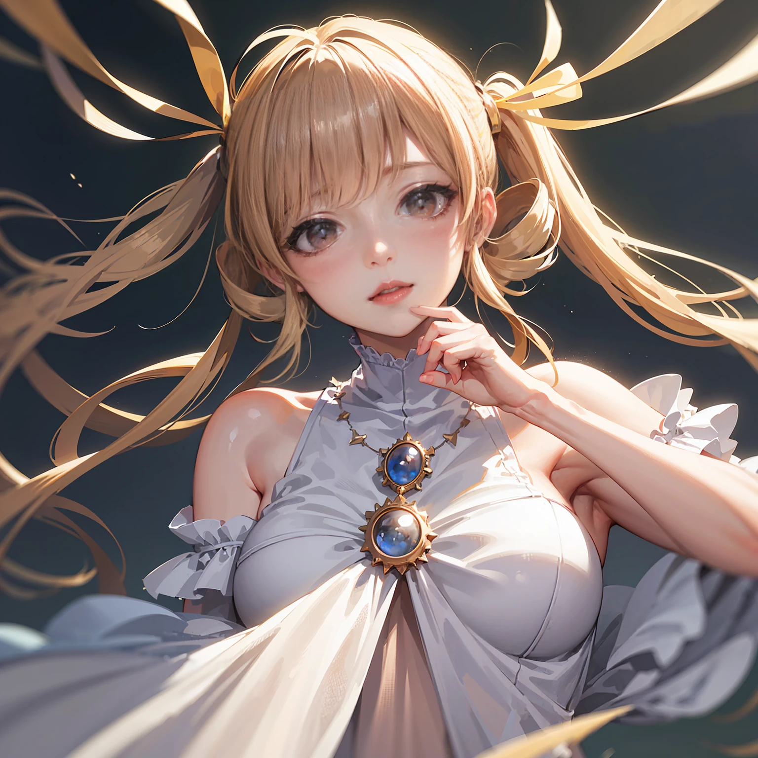 Optimal,masterpiece,High resolution,highest quality,Hyper HD,Very detailed,Award-winning,16k,alone,(Upper Body),Correct Anatomy,Beautiful Cyberpunk Girl,Upper Bodyの写真、Cute face,,blonde、Long Hair、Twin tails、Braid, Hairline,((Scarlet Eyes)),Long eyelashes,Drooping eyelids,White skin,((Shoot from the front:1.5)), ((camisole:1.5)), ((See-through:1.5)), ((Clock Top:1.5))、rocket , (Large Breasts),
