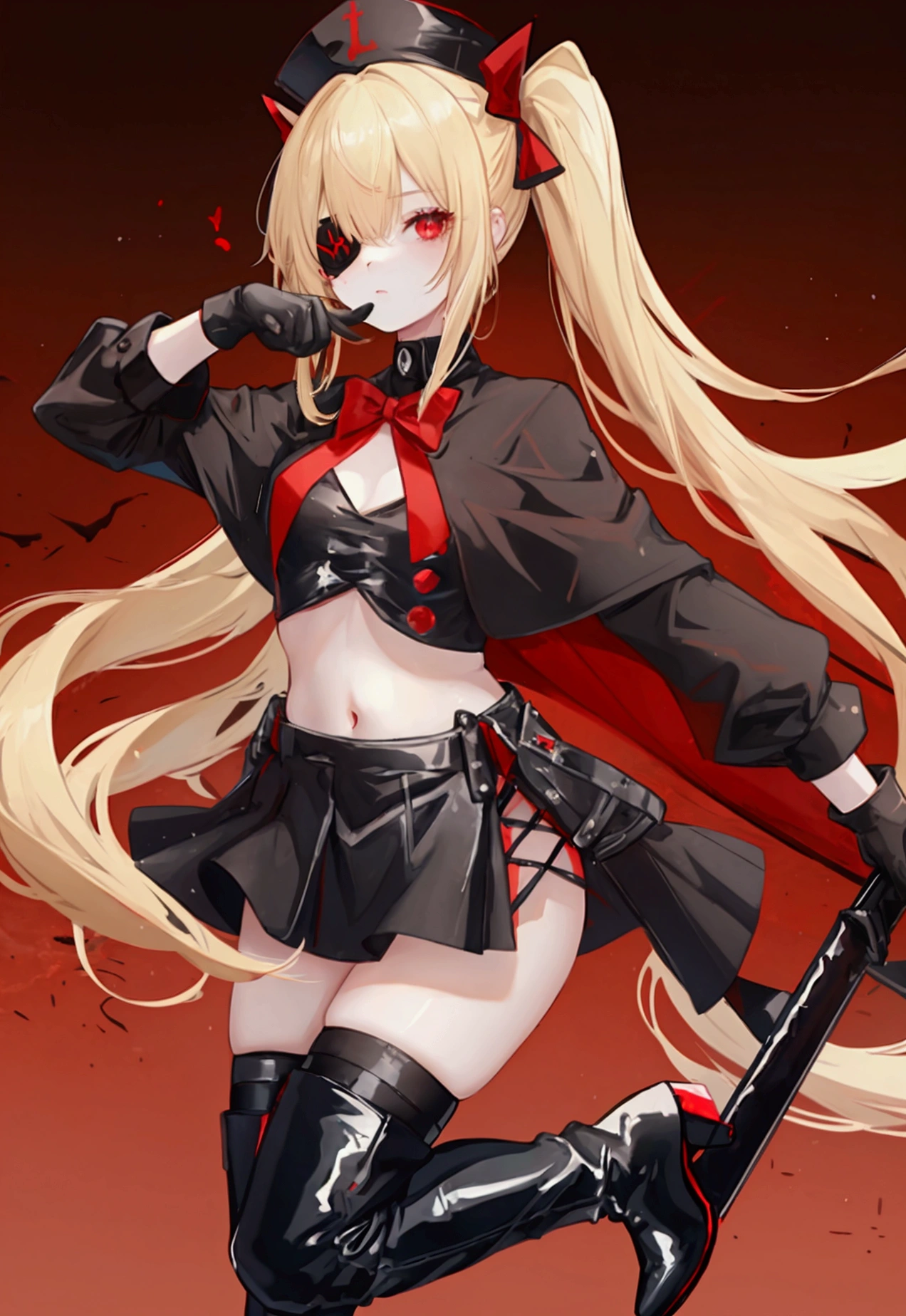 ((1 girl)) She has light skin, long blonde hair, long ponytails, a extremely little black short, a black shirt with a long neckline with red details, a black cropped, black cloak on the elbow on the ground with red details, a black nurse hat with black bunny ears, red bows on the hat, black boots connected on the shorts, black finger gloves, red eyes, eyepatch