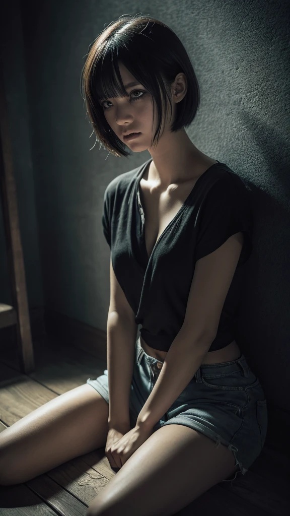 a girl trapped in a small, bare, prison room, short black hair, shorts, scared, crying, hands tied with rope, hungry, dark space, dim lighting, sitting on the floor, (best quality,4k,8k,highres,masterpiece:1.2),ultra-detailed,(realistic,photorealistic,photo-realistic:1.37),extremely detailed eyes and face,longeyelashes,dramatic lighting,moody atmosphere,high contrast,muted colors