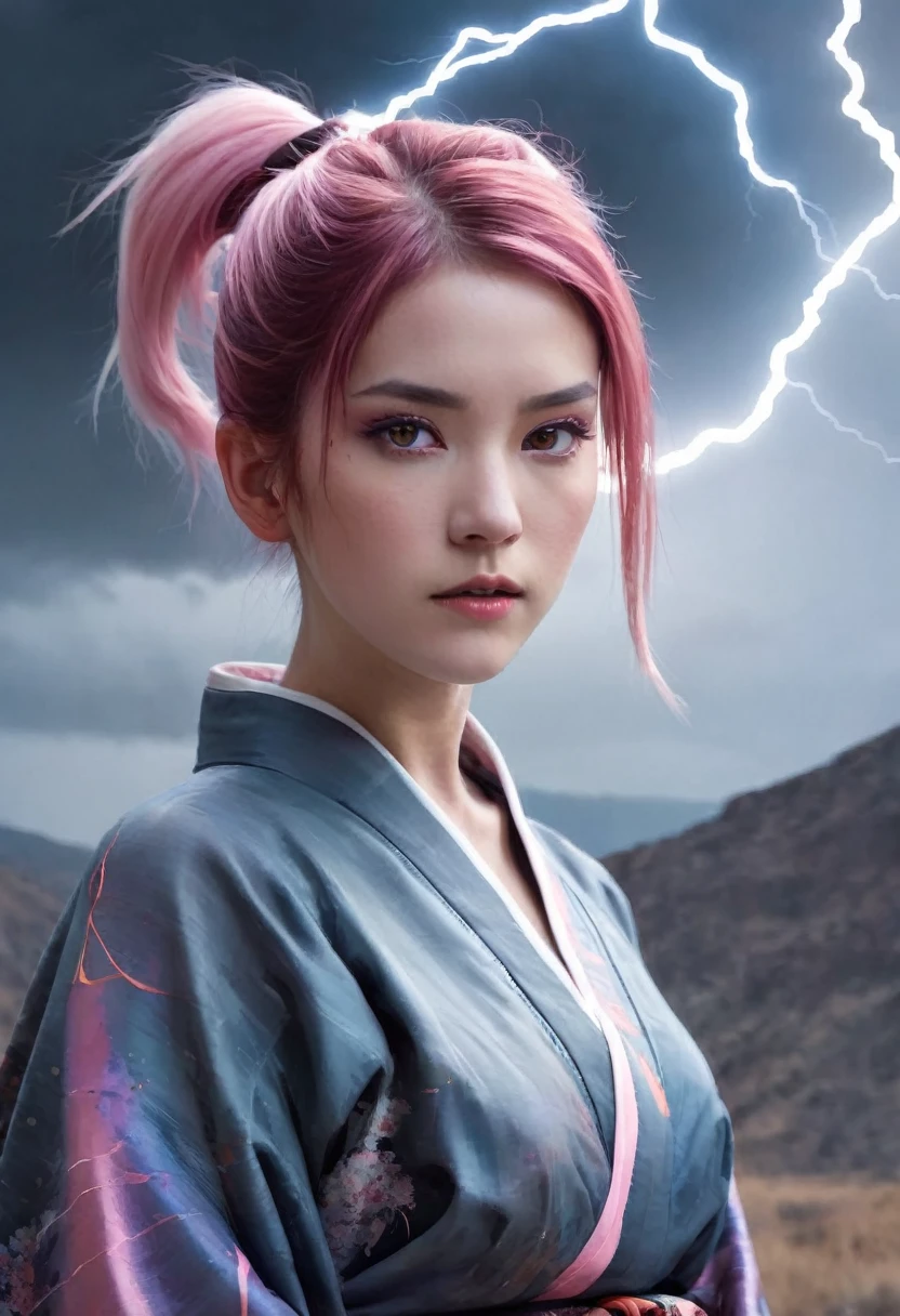 (masterpiece), (photograph_(Moderate):1.0), Antonio J.. Manzanado, Jeremy Lipking, One girl, lightning, In a surreal landscape, Watercolor style, Strokes, Button unbuttoned, Orange eyes, ponytail, Pink Hair, cyber punk, kimono