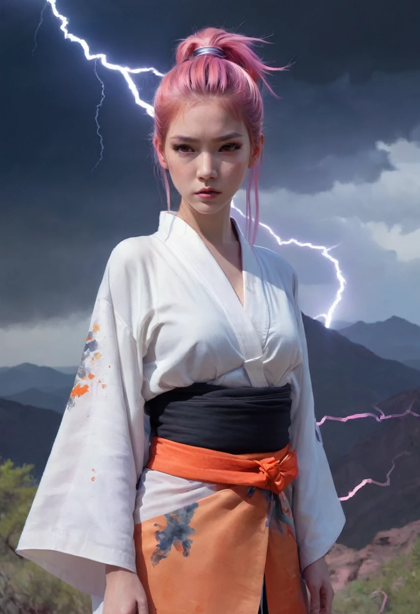 (masterpiece), (photograph_(Moderate):1.0), Antonio J.. Manzanado, Jeremy Lipking, One girl, lightning, In a surreal landscape, Watercolor style, Strokes, Button unbuttoned, Orange eyes, ponytail, Pink Hair, cyber punk, kimono