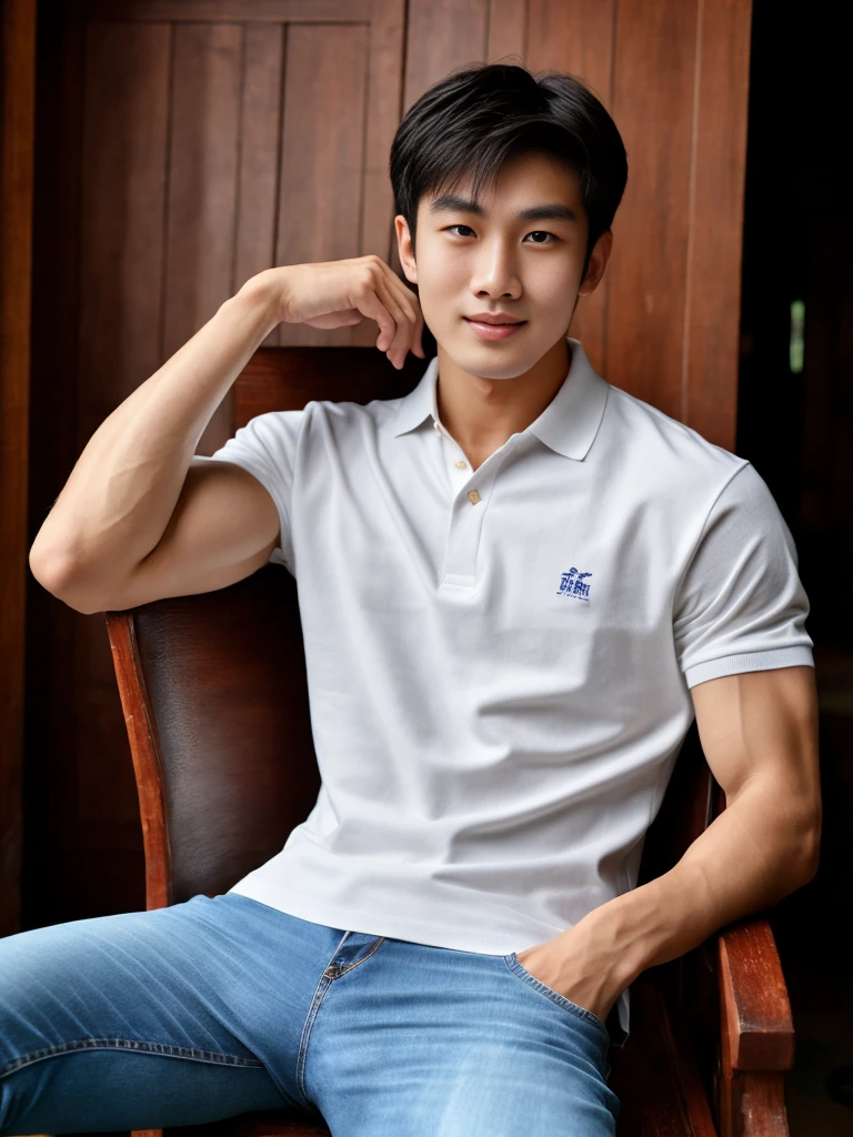 (As a matter of fact, Masterpiece, 8k HD, good light quality, white polo shirt mono tone, fit the face, complicated details), A handsome, muscular young Korean man sits on a chair with muscular arms. , 20 years old, be happy, smile brightly, detailed face, delicate eyes, look at the sky, Wear a tight t-shirt.:1.6 , jeans period, black eyes, Black hair color, ผมsmooth, smooth，Surreal，Superb details，Highest quality，real，Open your mouth to talk. , Close your eyes., (In a Burmese temple:1.1)