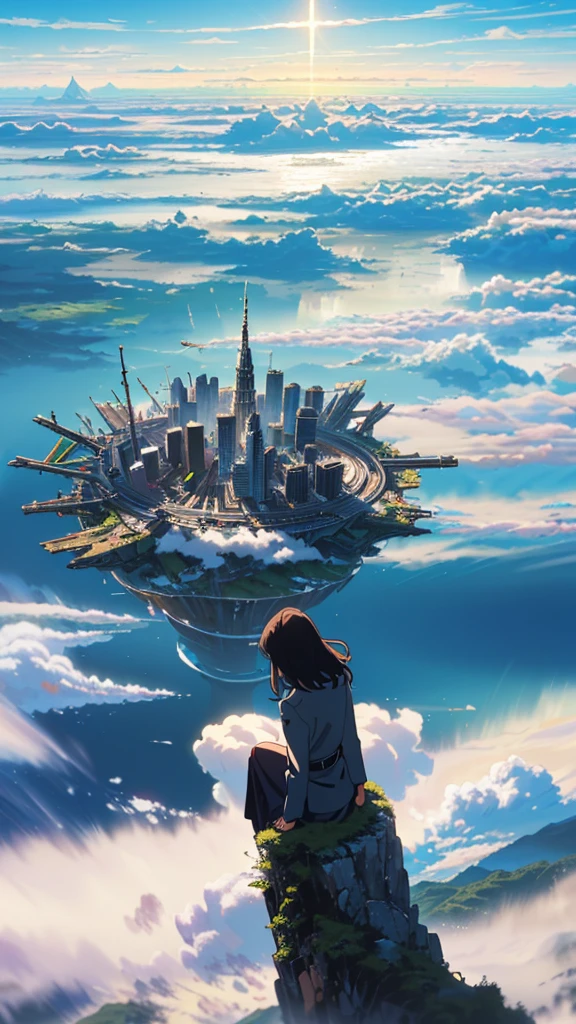 octane rendering,bioluminescence,8K resolution concept art,realism,by Mappa studios,masterpiece,top quality,official art,illustration,ligne claire,(cool_color),perfect composition,absurd,fantasy Focus,(aerial),(above the clouds:1.4),(finely drawn modern city:1.3),(modern city towering above the clouds:1.2),epic,(focus_girl:1. 2),(girl in city peak of Broken bridge),girl sitting alone at foot of bridge looking into distance (girl in city peak of Broken bridge),detailed uniform,calm expression,bird's eye view,wind blowing,fantastic plants,book,giant world tree,movement,(depth of field),stretched shot,view from above