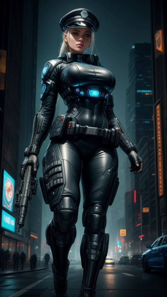 Maximum image quality,outstanding details,Borg,The cyborg police of the future,Wear a futuristic transparent sexy SWAT uniform..,an eye is a camera, cyborg,short skirt,She stood in front of the police car...,heavy body,Sexy and robust,Detailed abs,Detailed muscle lines,dynamic poses,the night,Future city street view background,Neon light,sense of science and technology,future technology,Very detailed cyberpunk style...,cyber punk character,Highly detailed police uniforms...,Highly detailed police cap...,Police badge,wear police cap,Very detailed weapons,The weapon of the future,intercom,wireless devices,Very detailed handcuffs...,Very detailed police equipment...,Highly detailed police car...,Future police car,Facade,Full body photo,Look from the bottom up,look from below, I look at the viewer,Locks