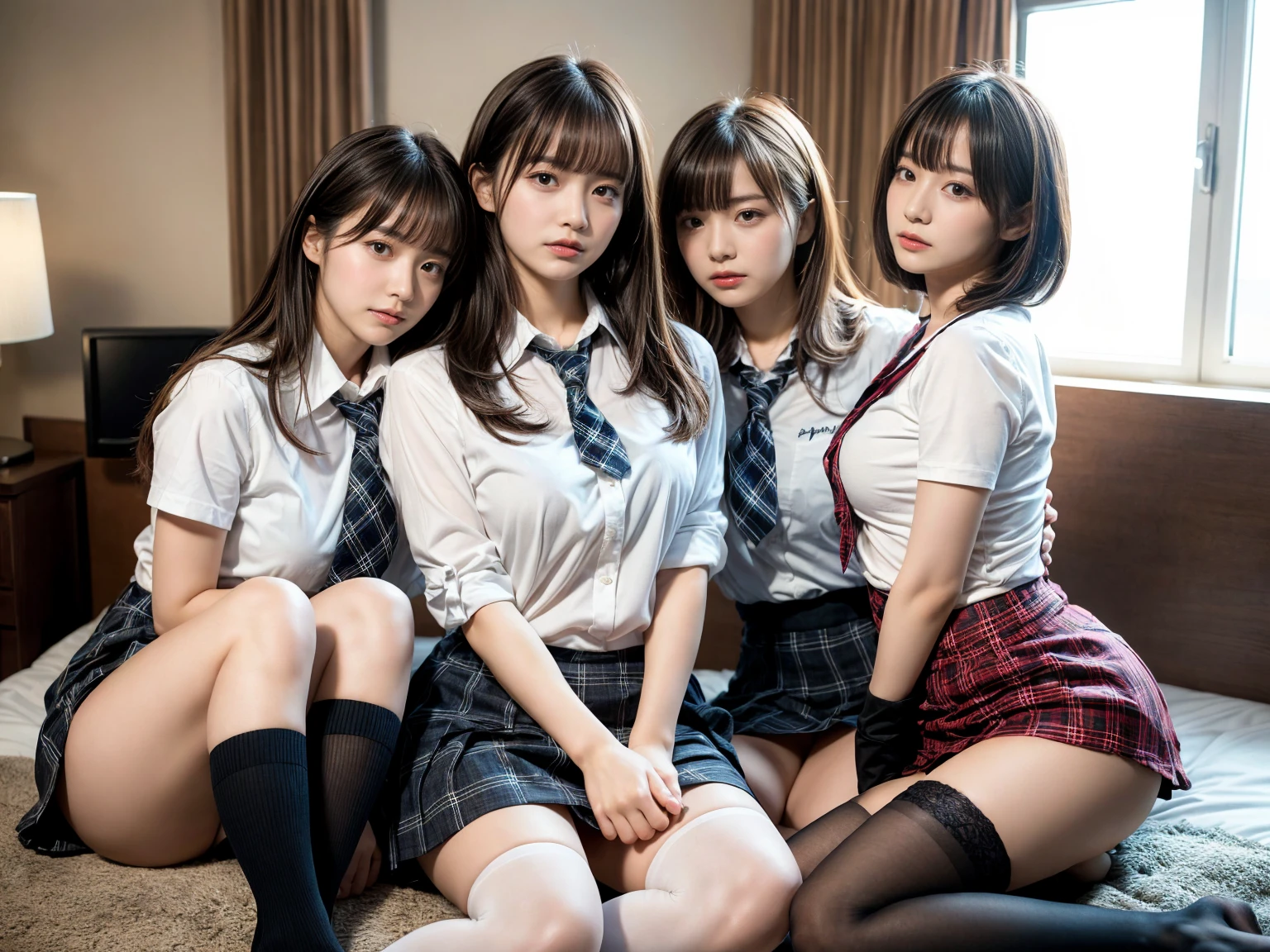 masterpiece, best quality, illustration, Super detailed, fine details, High resolution, 8K,wall paper, perfect dynamic composition,(Details High quality, realistic depiction of eyes:1.3), (3 girls), (white school shirt :1.2), (plaid skirt :1.3), tie black, black thigh-high stockings, sitting, open legs, short bob hair, in a hotel room in the background, deep on field, large breasts, black hair color, Big Natural Color Lip, (perfect body shape), crying a little、Harajuku style、20 year old girl、cute type、beautiful legs, Gravure Idol