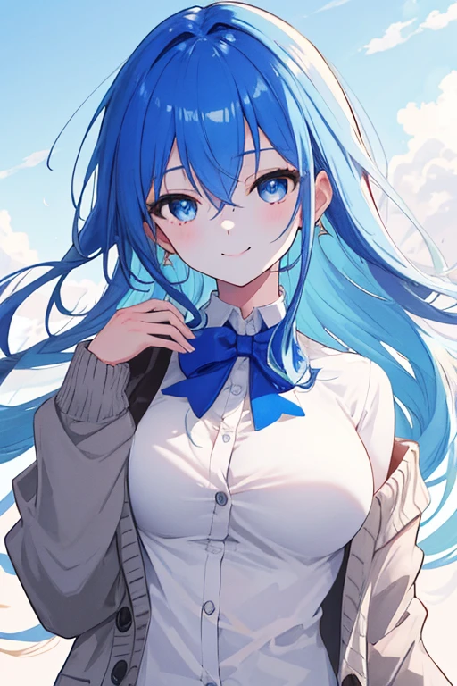 solo, High resolution, Bangs between the eyes, Highest quality, masterpiece, detail, High-resolution model, Ultra high definition, girl,  anime, cute, Shiny Hair, Cool face, Beautiful eyes,One girl, Blue Hair/Light blue hair, long hair, cardigan, puffy eyes, beautiful detailed eyes, fair skin, hand on own breasts, smile, happy, outdoor, blue clear sky