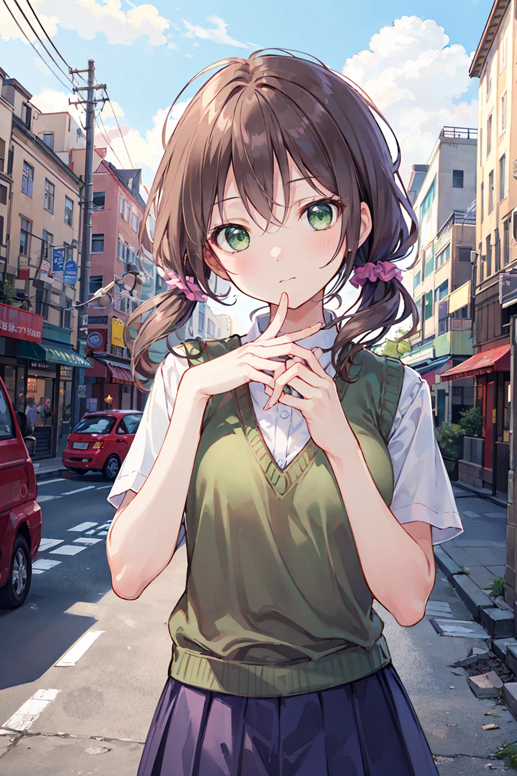 nozomitoujou, Nozomi-san always, (Green Eyes:1.5), Brown Hair, Shortcuts, Scrunchie,
Destroy , pleated skirt, Short sleeve, skirt, Summer uniform, Sweater vest, 白のSweater vest,
壊す looking at viewer,
Destroy outdoors, City,Destroy a city of buildings (masterpiece:1.2), Highest quality, High resolution, unity 8k wallpaper, (figure:0.8), (Beautiful attention to detail:1.6), Highly detailed face, Perfect lighting, Highly detailed CG, (Perfect hands, Perfect Anatomy),Small breasts,Flat chest