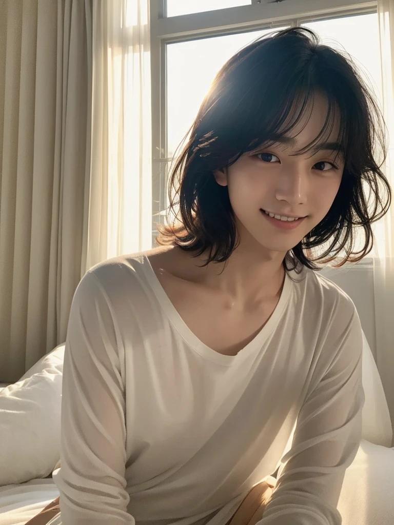 Photo waking up in the morning alone, Korean handsome man 20-year-old Korean man with pale skin, small facial structure, defined jawline, prominently full lips, intense black eyes, distinguished bangs covering the forehead, noticeably broad shoulders, showcasing his athletic build, reminiscent of Jungkook smiling messy hair, sleepy, sitting on a white bed, in the background large windows with white curtains reflecting the sunlight in the morning