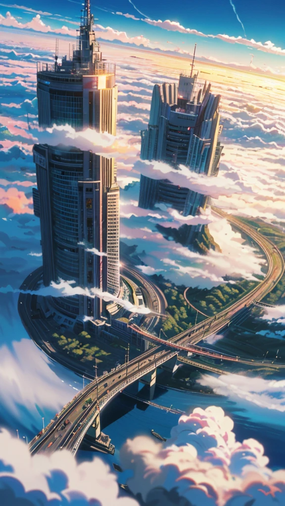 octane rendering,bioluminescence,8K resolution concept art,realism,by Mappa studios,masterpiece,top quality,official art,illustration,ligne claire,(cool_color),perfect composition,absurd,fantasy Focus,(aerial),(above the clouds:1.4),(finely drawn modern city:1.3),(modern city towering above the clouds:1.2),epic,(focus_girl:1. 2),(girl in city peak of Broken bridge),girl sitting alone at foot of bridge looking into distance (girl in city peak of Broken bridge),detailed uniform,calm expression,bird's eye view,wind blowing,fantastic plants,book,giant world tree,movement,(depth of field),stretched shot,view from above