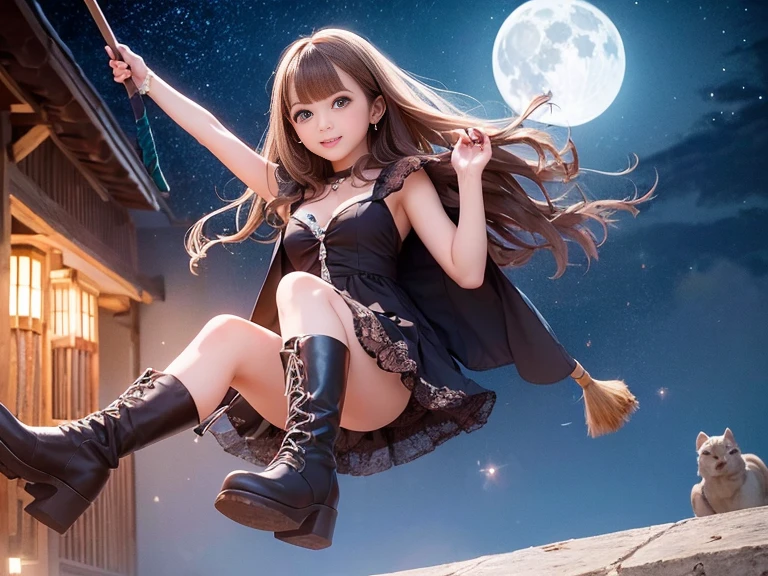 Black mini dress、boots、Witch riding a broom、One girl、Bob Hair、Brown Hair、Flying in the sky on a broom、Full moon night、masterpiece:1.3、Raw photo、Highest quality、