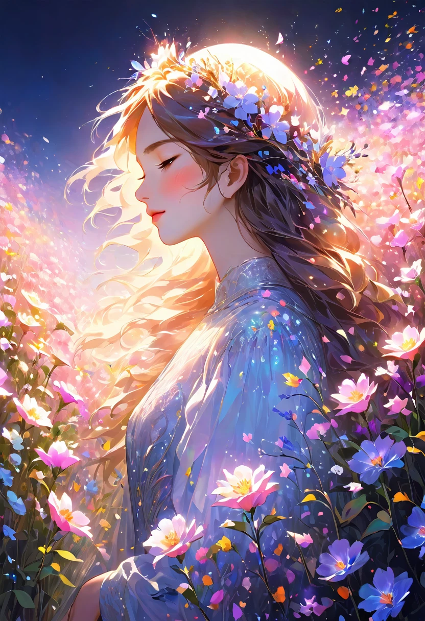 Masterpiece High Resolution Beautiful Girl Profile Transparent Flowers Close to Face with Both Hands Fantastic Flower Field Night Eyes Closed