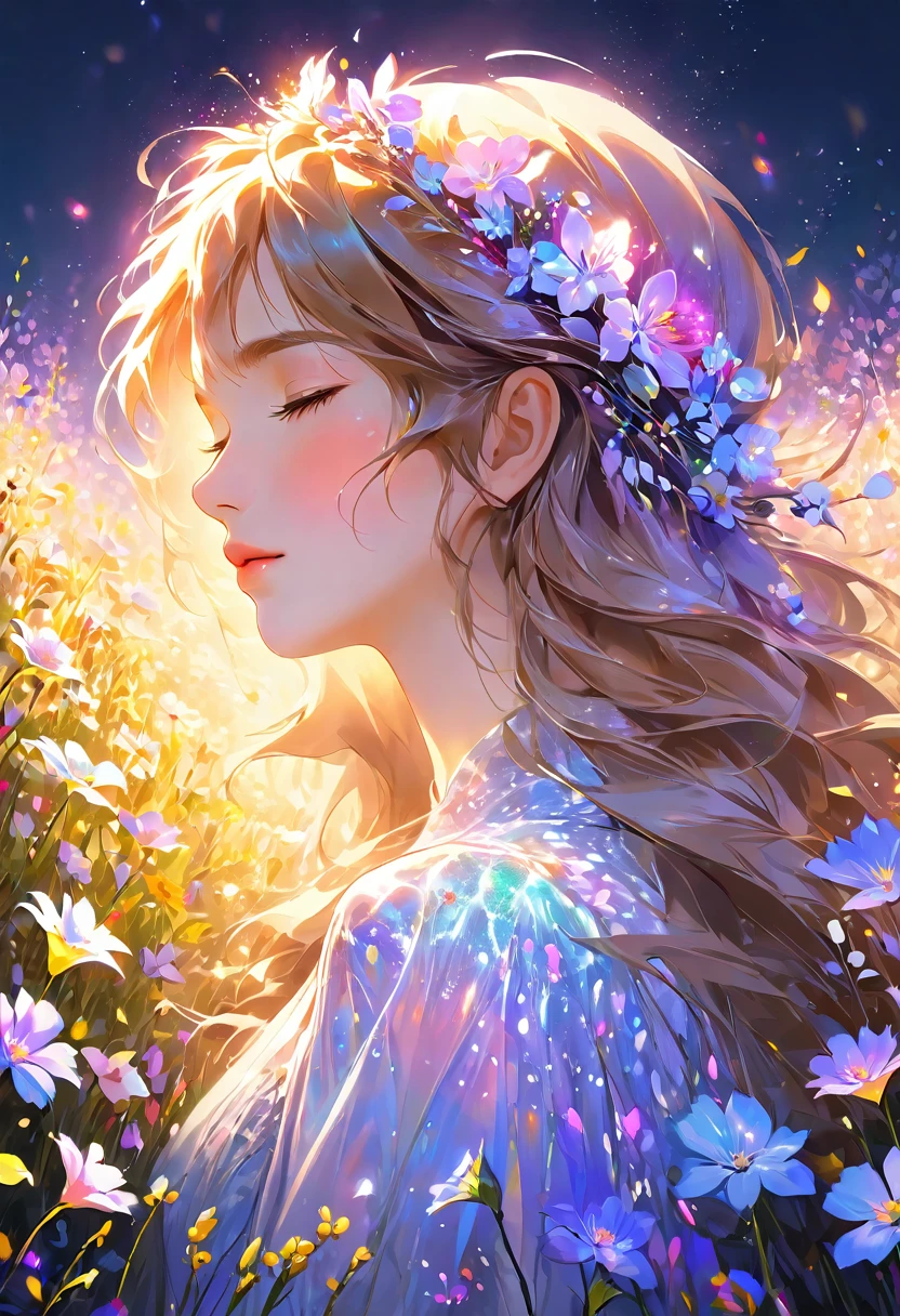 Masterpiece High Resolution Beautiful Girl Profile Transparent Flowers Close to Face with Both Hands Fantastic Flower Field Night Eyes Closed