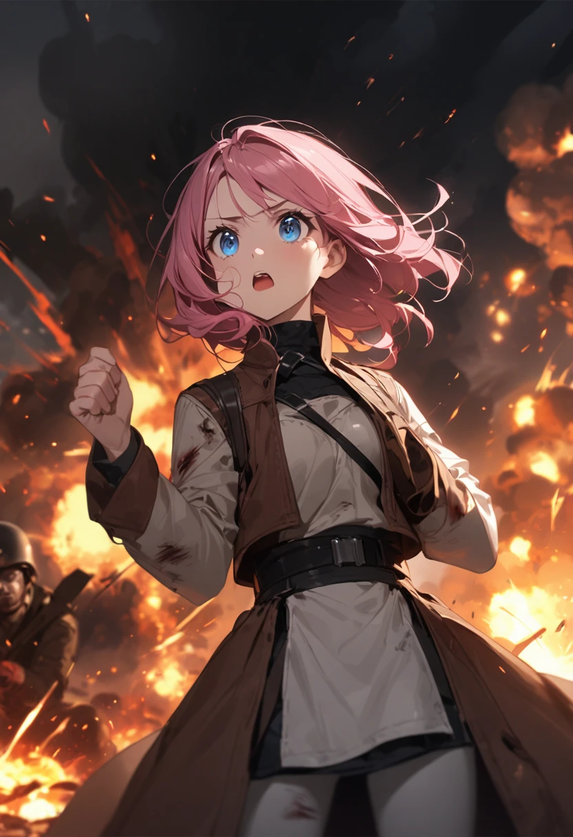 Rebels、civil war、resistance、explosion、Injury、Girl with pink hair、blue eyes、Twin Drill、A scene from a movie