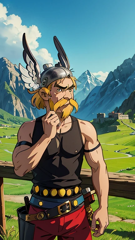 (1man, Asterix, blonde hair, black top, GarkEst, viking helmet with wings, facial hair, mustache, red pant), (extremely detailed CG unit 8k wallpaper),(master part), (best quality), (ultra detali), (best illustration),(melhor ombre), cowboy shot, (Sharp eyeliner, ombre, detailed eyes:1), mountains in the background, ranch land, ,break , (ghibli style), upper body